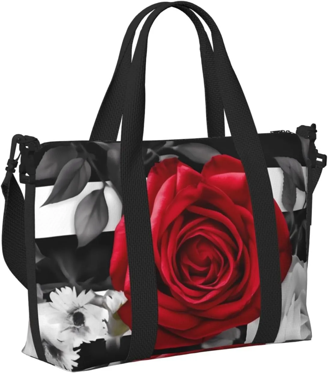 Travel Duffle Bag Weekender Bags for Men Women Adjustable Large Capacity Weekender Overnight Bag Carry On Tote Bags Waterproof Sport Gym Bag for Travel Yoga, Black White Stripes Red Rose Flowers, One