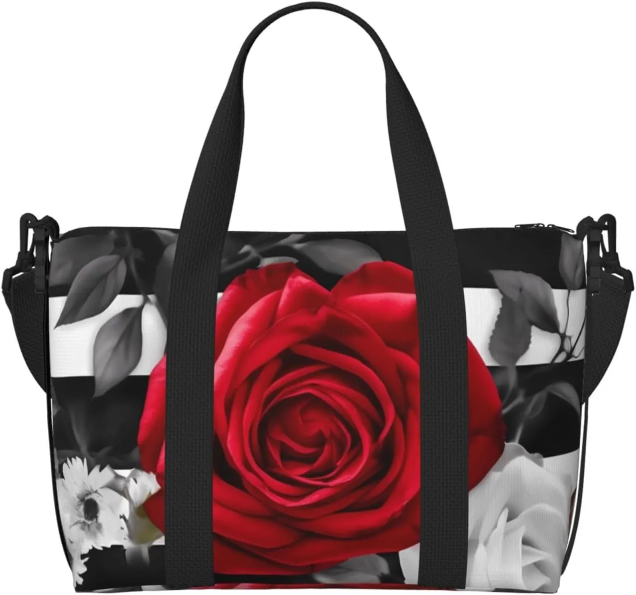 Travel Duffle Bag Weekender Bags for Men Women Adjustable Large Capacity Weekender Overnight Bag Carry On Tote Bags Waterproof Sport Gym Bag for Travel Yoga, Black White Stripes Red Rose Flowers, One