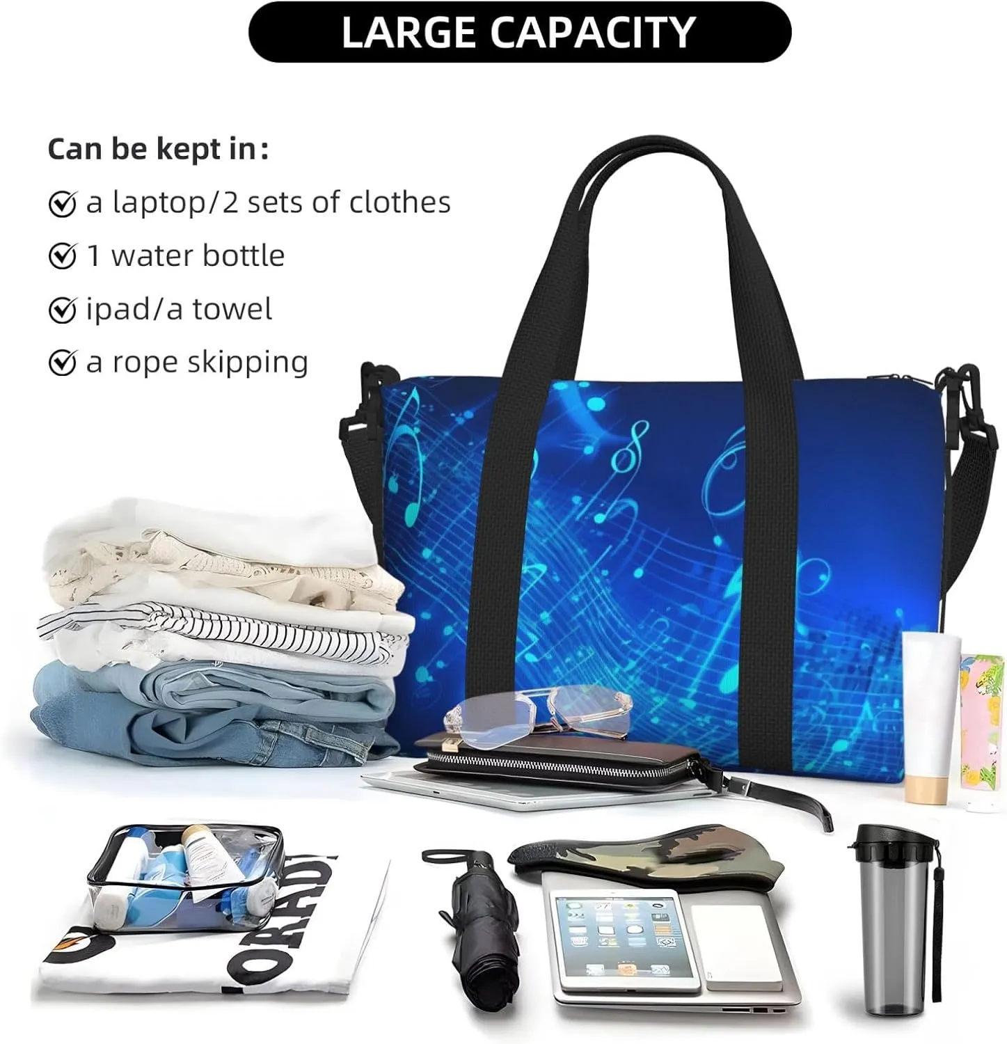 Travel Duffle Bag Weekender Bags for Men Women Adjustable Large Capacity Weekender Overnight Bag Carry On Tote Bags Waterproof Sport Gym Bag for Travel Yoga, Blue Musical Notes, One Size