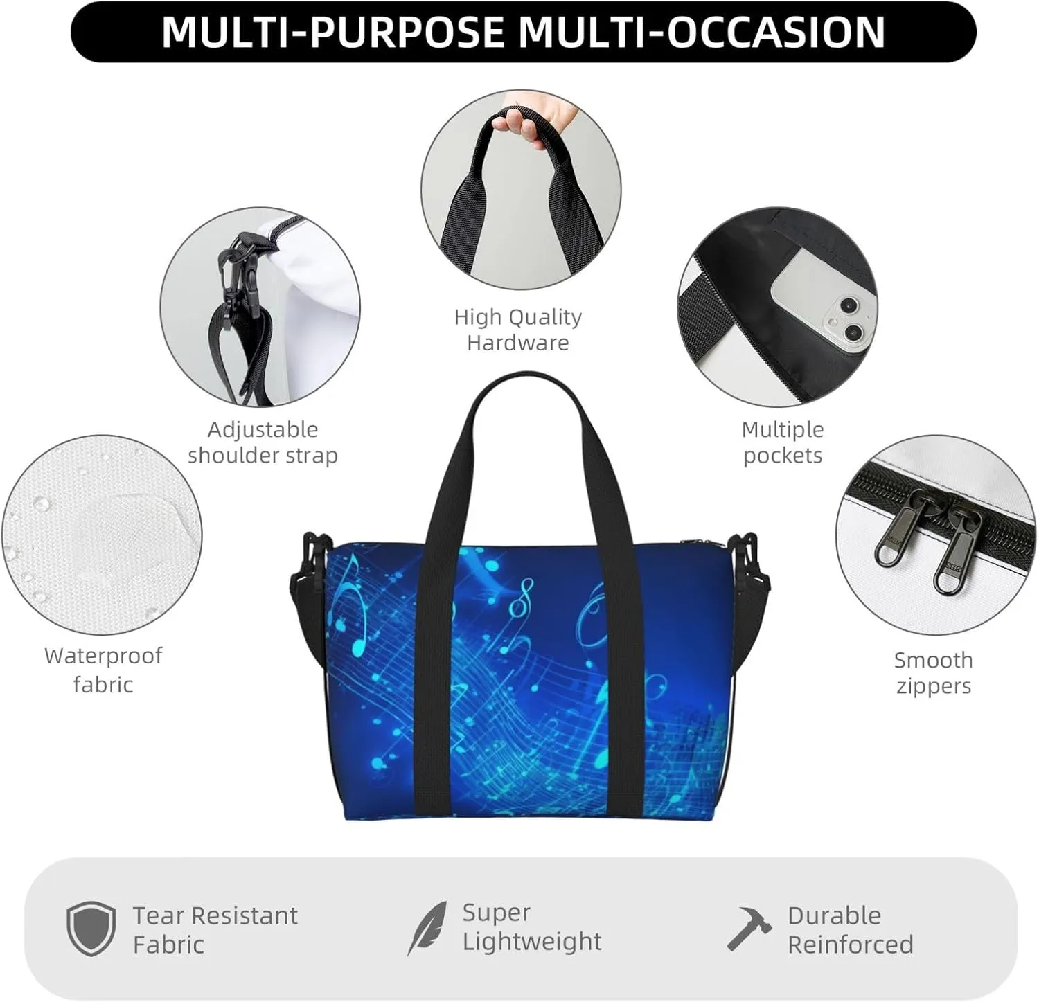 Travel Duffle Bag Weekender Bags for Men Women Adjustable Large Capacity Weekender Overnight Bag Carry On Tote Bags Waterproof Sport Gym Bag for Travel Yoga, Blue Musical Notes, One Size