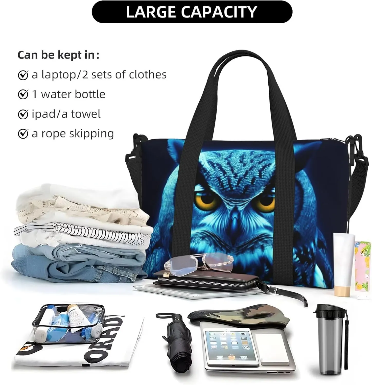 Travel Duffle Bag Weekender Bags for Men Women Adjustable Large Capacity Weekender Overnight Bag Carry On Tote Bags Waterproof Sport Gym Bag for Travel Yoga, Blue Owl, One Size