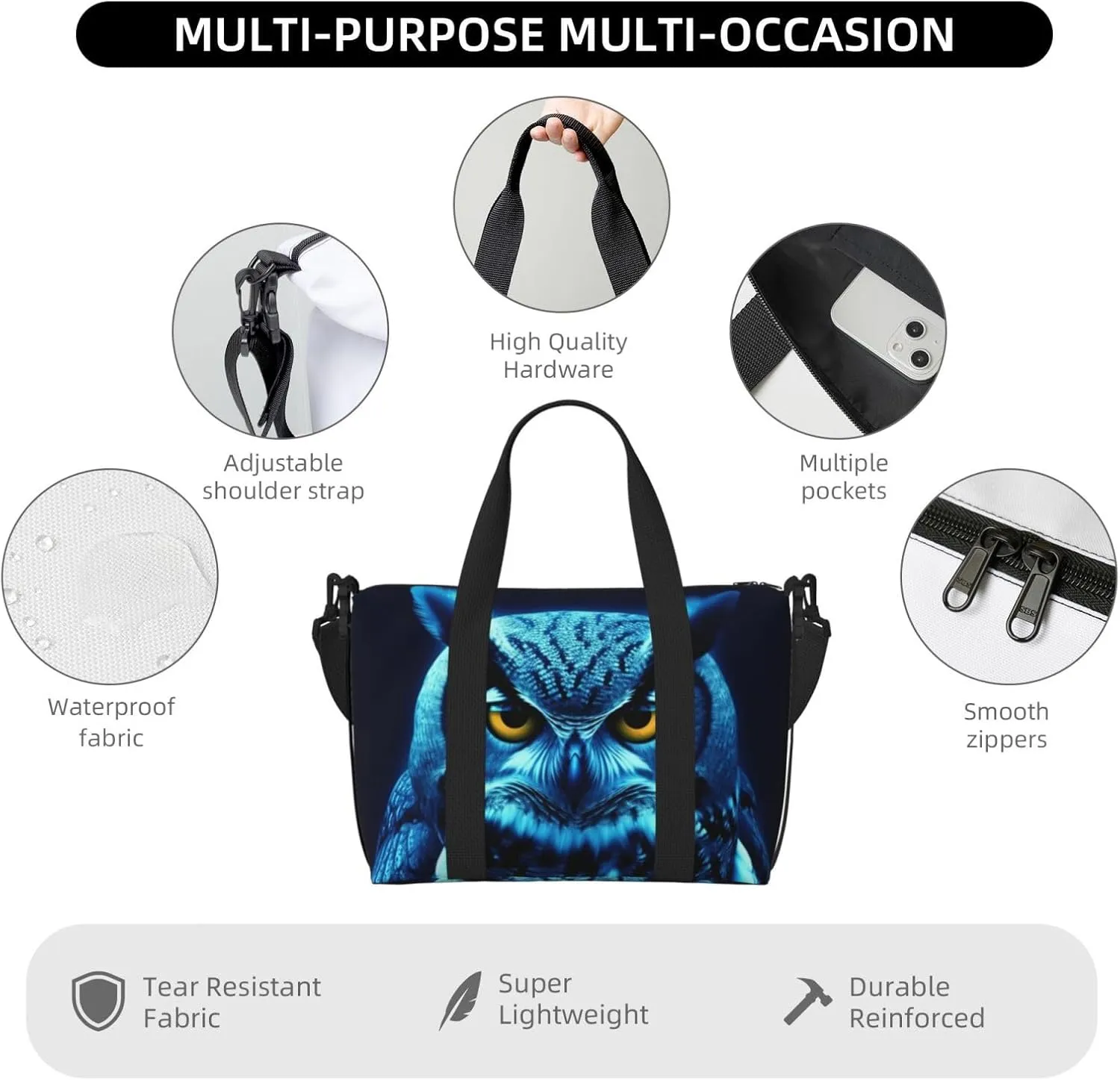 Travel Duffle Bag Weekender Bags for Men Women Adjustable Large Capacity Weekender Overnight Bag Carry On Tote Bags Waterproof Sport Gym Bag for Travel Yoga, Blue Owl, One Size