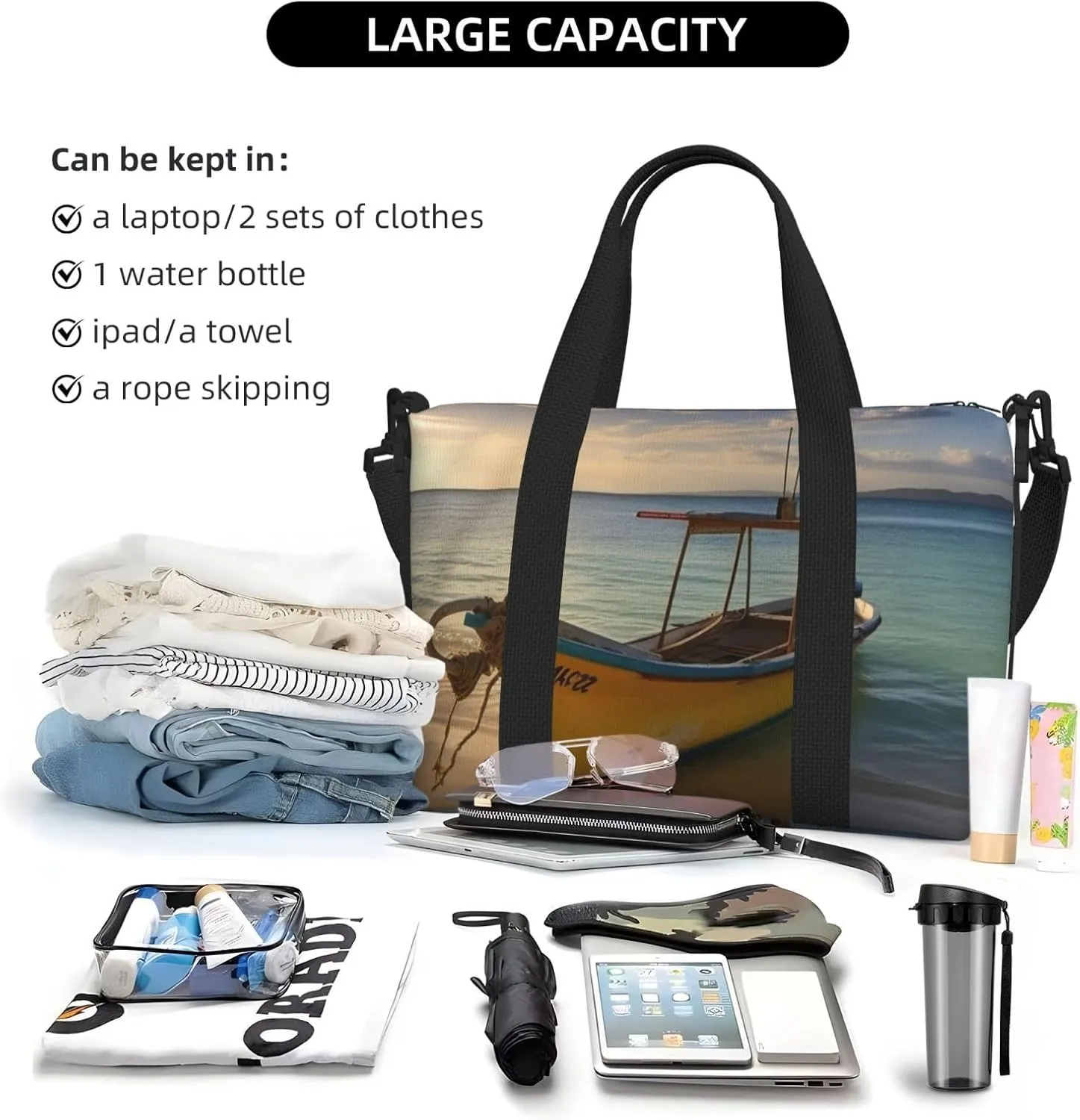Travel Duffle Bag Weekender Bags for Men Women Adjustable Large Capacity Weekender Overnight Bag Carry On Tote Bags Waterproof Sport Gym Bag for Travel Yoga, Boat Beach Sunrise Time, One Size