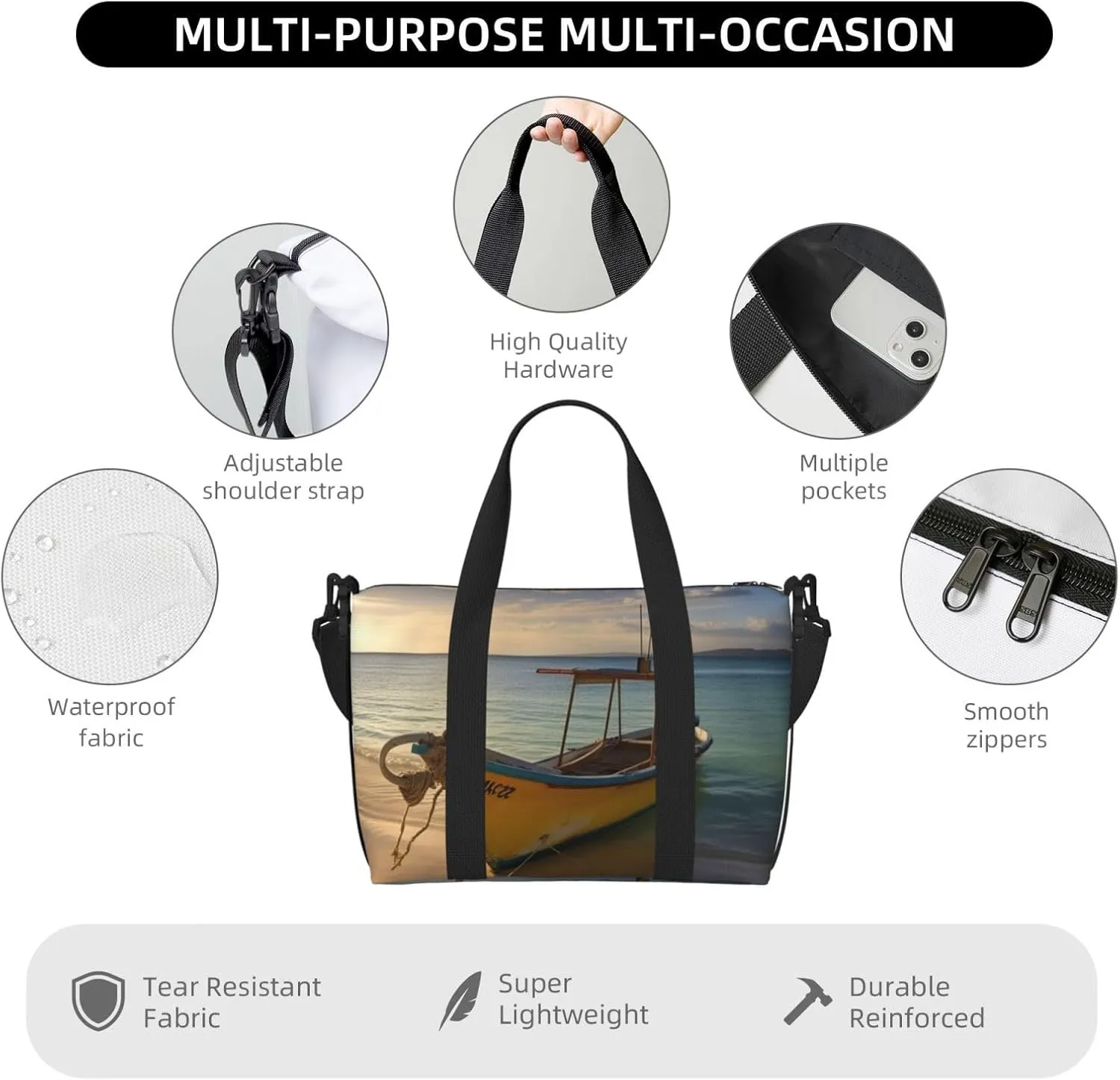 Travel Duffle Bag Weekender Bags for Men Women Adjustable Large Capacity Weekender Overnight Bag Carry On Tote Bags Waterproof Sport Gym Bag for Travel Yoga, Boat Beach Sunrise Time, One Size