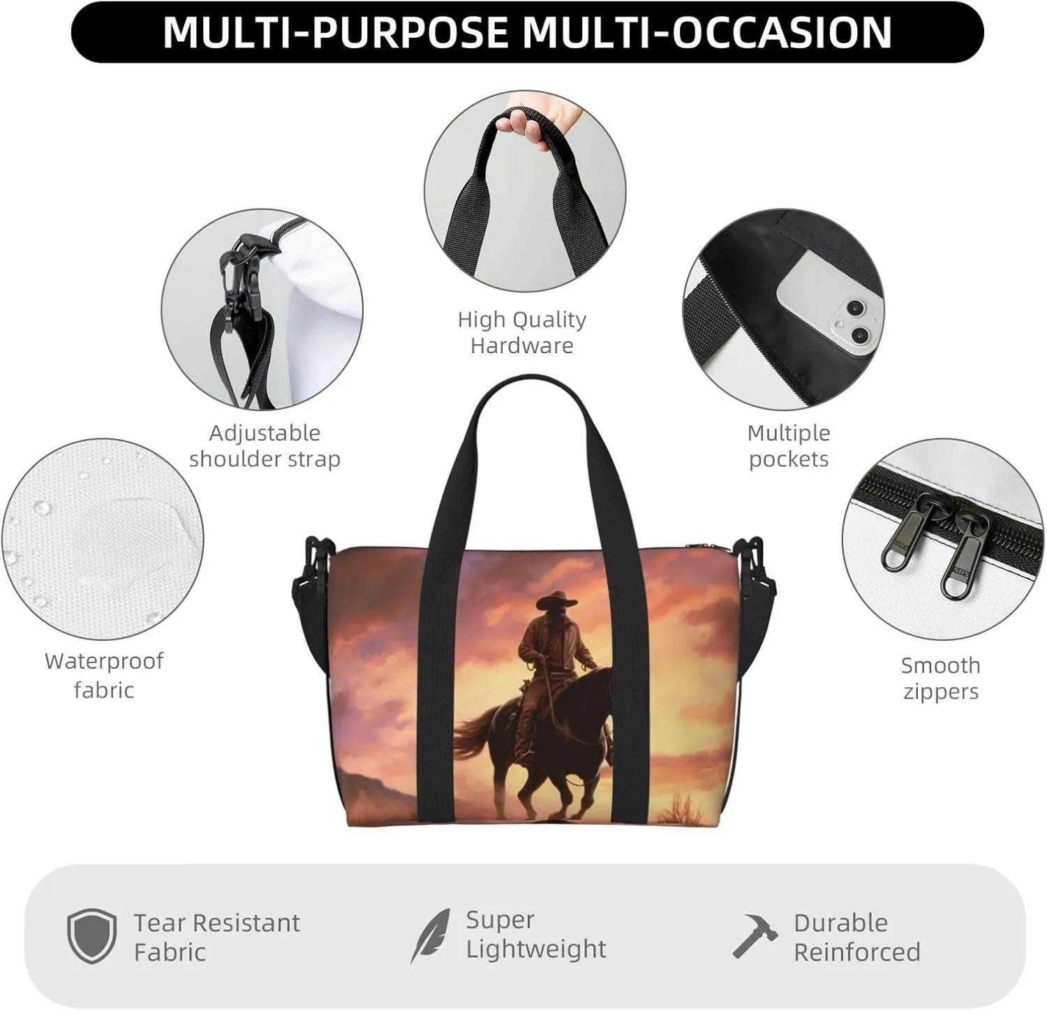 Travel Duffle Bag Weekender Bags for Men Women Adjustable Large Capacity Weekender Overnight Bag Carry On Tote Bags Waterproof Sport Gym Bag for Travel Yoga, Cowboy West, One Size