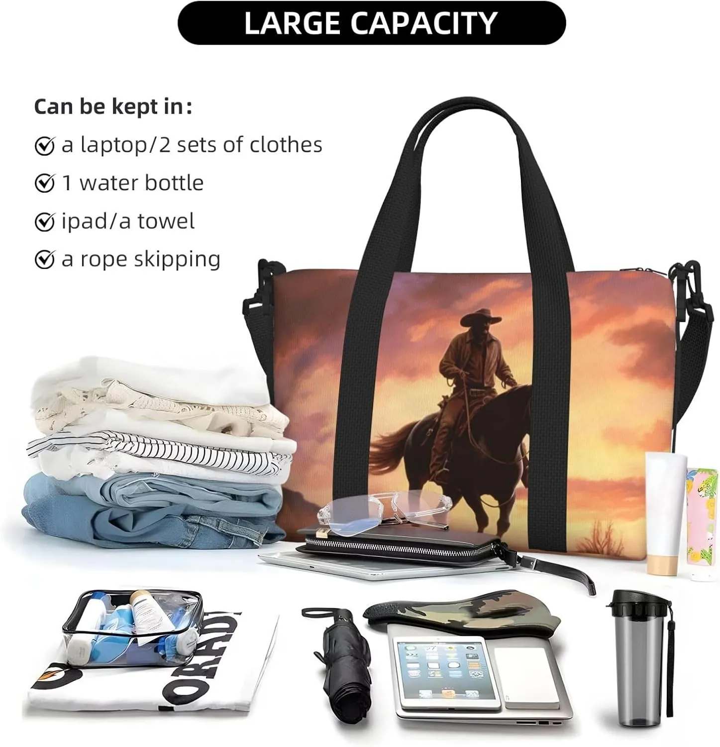 Travel Duffle Bag Weekender Bags for Men Women Adjustable Large Capacity Weekender Overnight Bag Carry On Tote Bags Waterproof Sport Gym Bag for Travel Yoga, Cowboy West, One Size