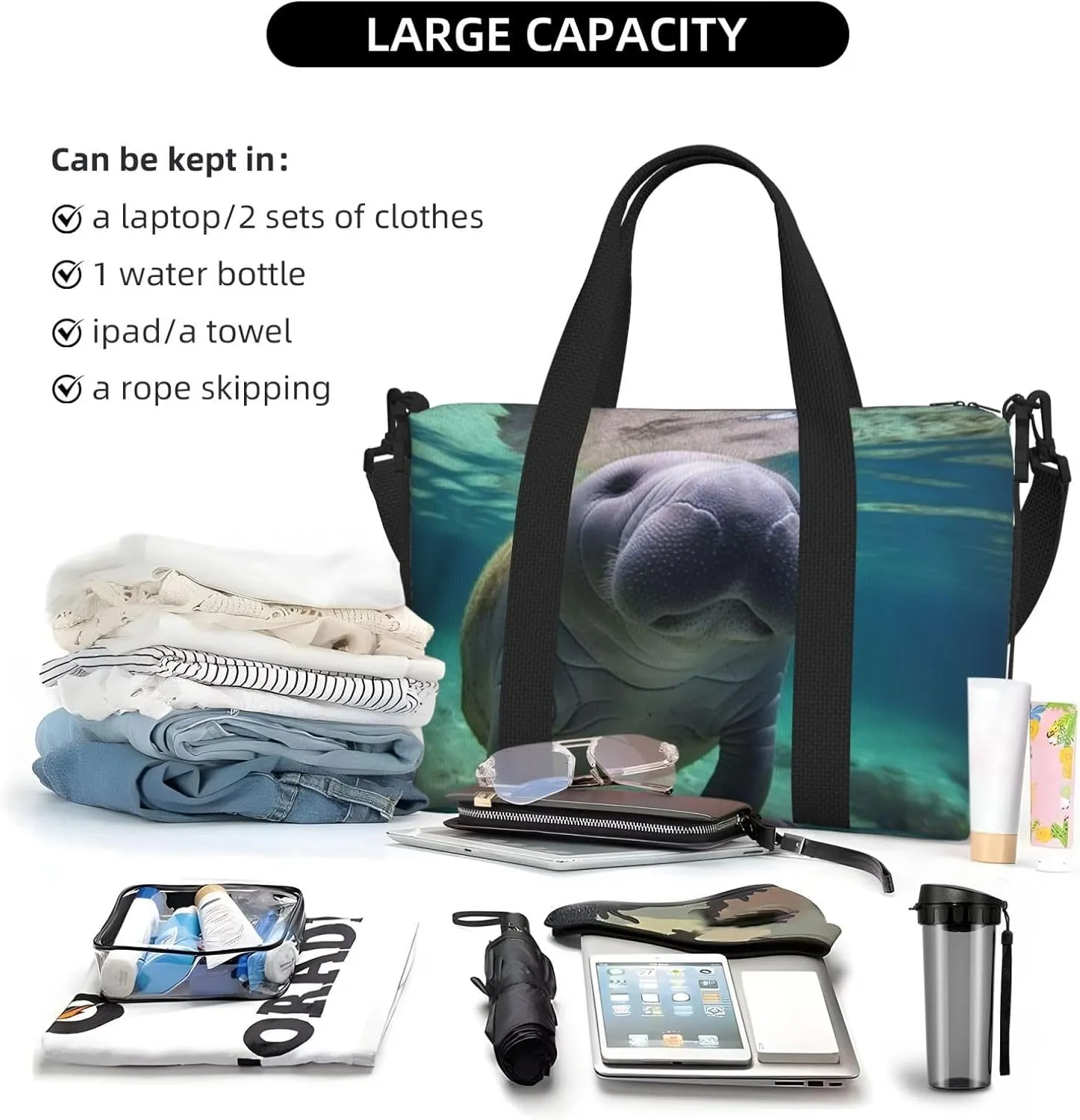 Travel Duffle Bag Weekender Bags for Men Women Adjustable Large Capacity Weekender Overnight Bag Carry On Tote Bags Waterproof Sport Gym Bag for Travel Yoga, Cute Sea Animal Manatee, One Size