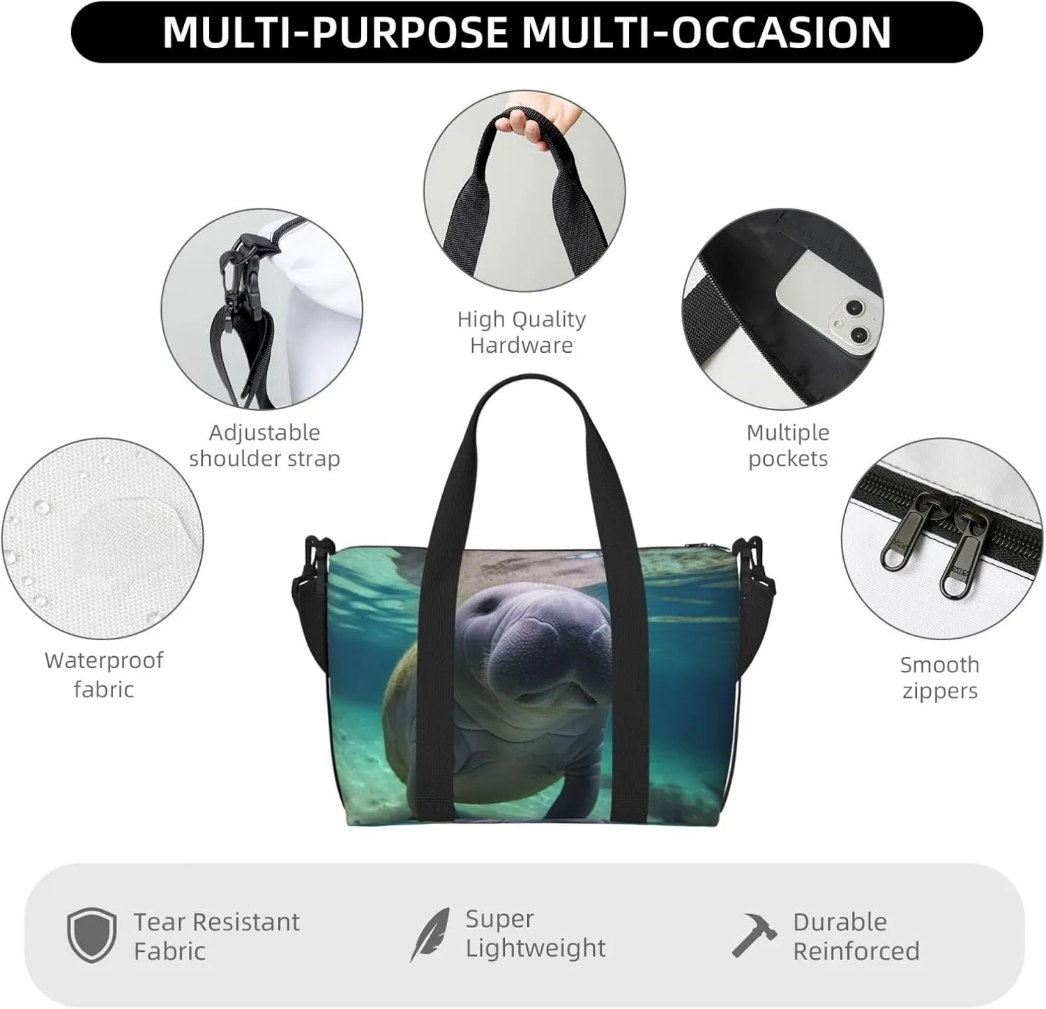 Travel Duffle Bag Weekender Bags for Men Women Adjustable Large Capacity Weekender Overnight Bag Carry On Tote Bags Waterproof Sport Gym Bag for Travel Yoga, Cute Sea Animal Manatee, One Size