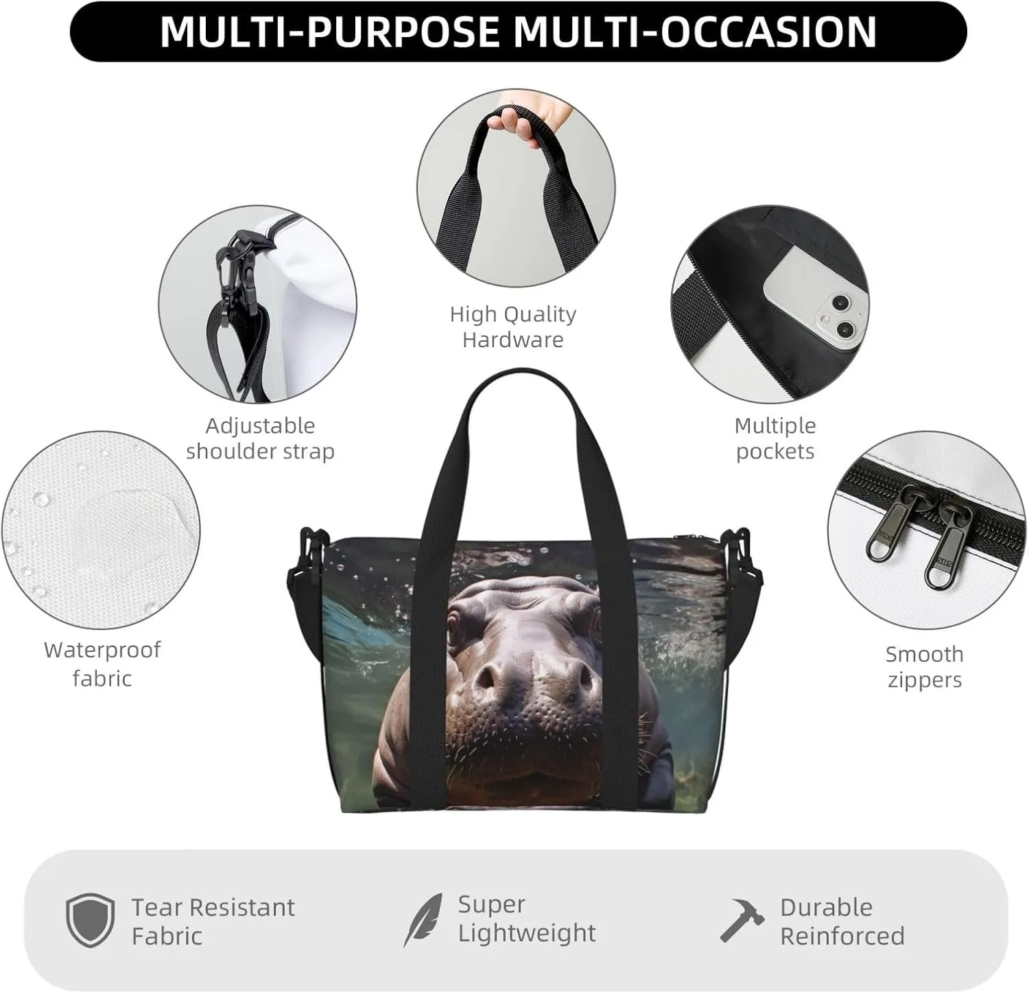Travel Duffle Bag Weekender Bags for Men Women Adjustable Large Capacity Weekender Overnight Bag Carry On Tote Bags Waterproof Sport Gym Bag for Travel Yoga, Diving Hippo, One Size