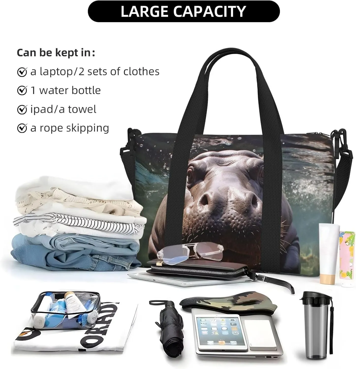 Travel Duffle Bag Weekender Bags for Men Women Adjustable Large Capacity Weekender Overnight Bag Carry On Tote Bags Waterproof Sport Gym Bag for Travel Yoga, Diving Hippo, One Size