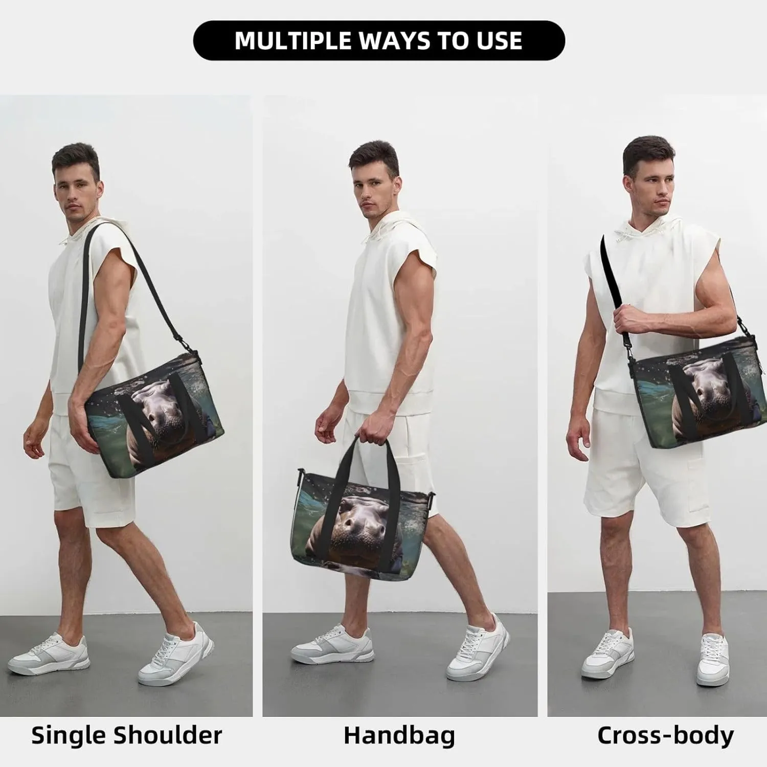 Travel Duffle Bag Weekender Bags for Men Women Adjustable Large Capacity Weekender Overnight Bag Carry On Tote Bags Waterproof Sport Gym Bag for Travel Yoga, Diving Hippo, One Size