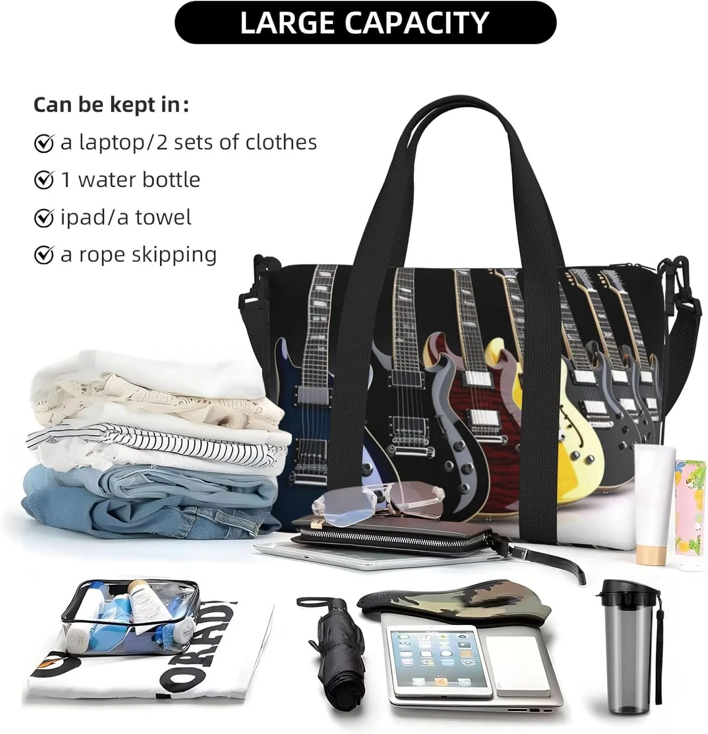 Travel Duffle Bag Weekender Bags for Men Women Adjustable Large Capacity Weekender Overnight Bag Carry On Tote Bags Waterproof Sport Gym Bag for Travel Yoga, Electric Guitar, One Size