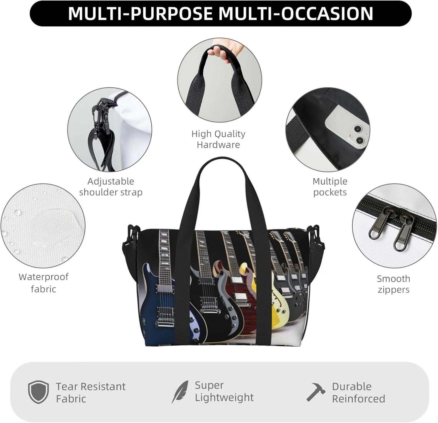 Travel Duffle Bag Weekender Bags for Men Women Adjustable Large Capacity Weekender Overnight Bag Carry On Tote Bags Waterproof Sport Gym Bag for Travel Yoga, Electric Guitar, One Size