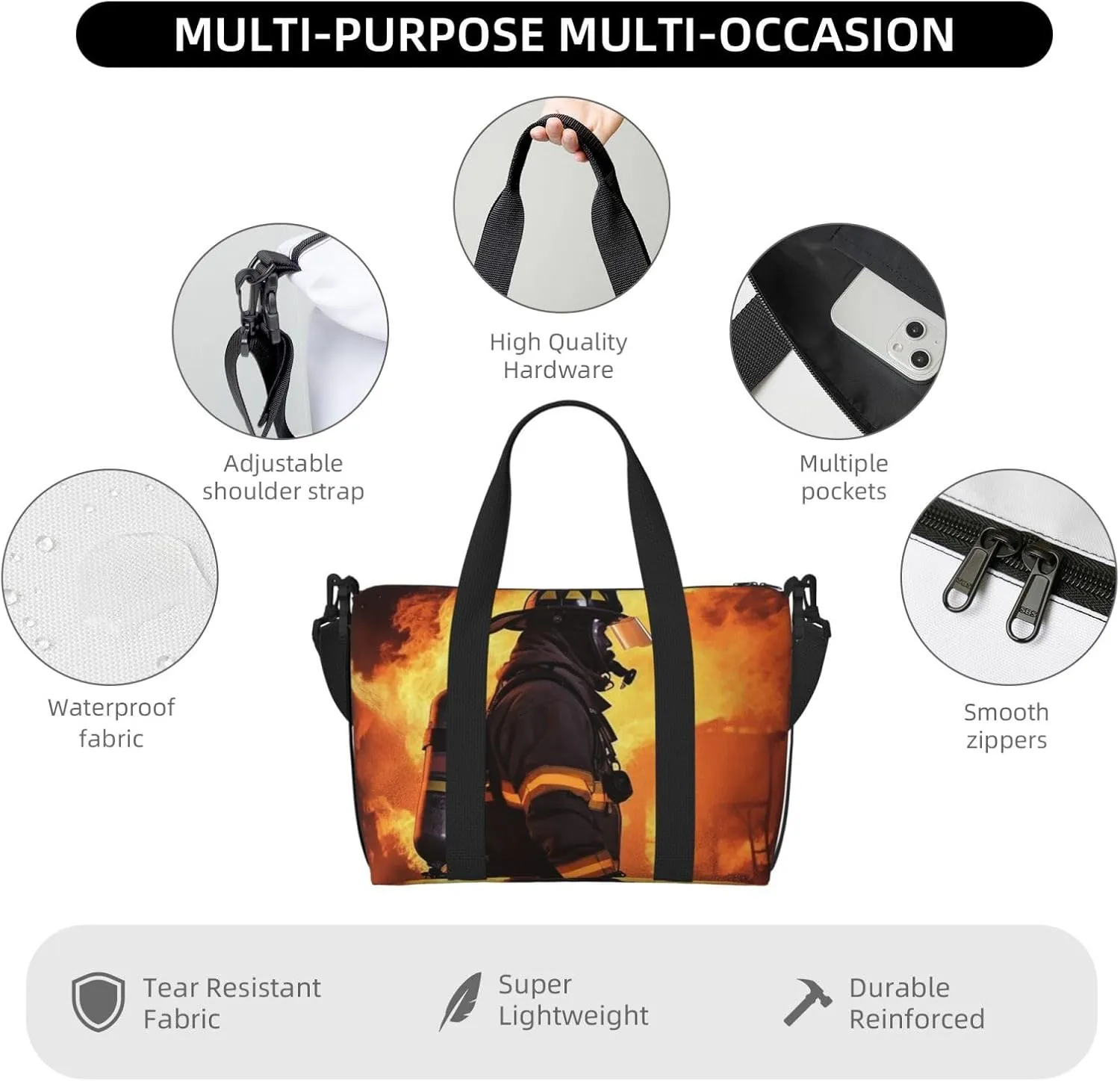 Travel Duffle Bag Weekender Bags for Men Women Adjustable Large Capacity Weekender Overnight Bag Carry On Tote Bags Waterproof Sport Gym Bag for Travel Yoga, Firefighter Fireman Flame, One Size