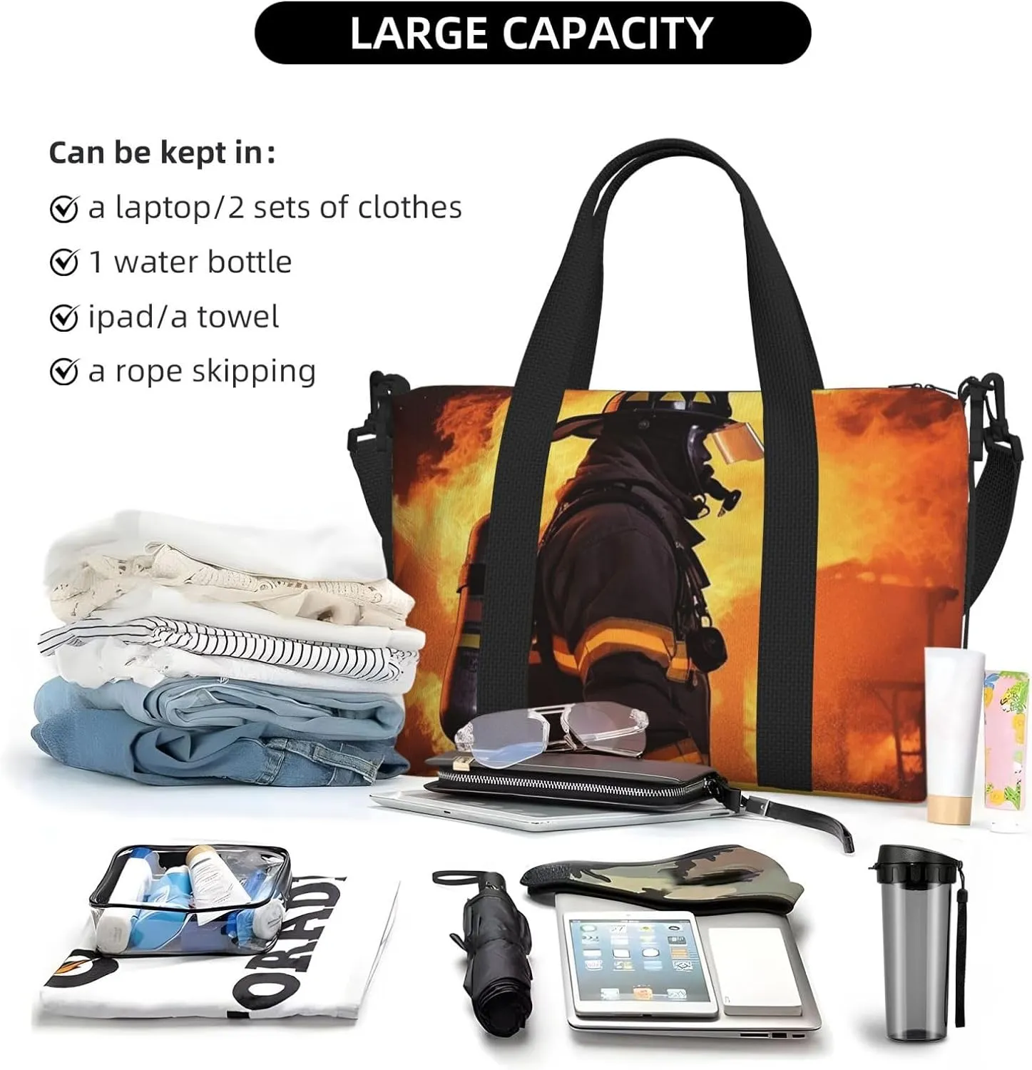Travel Duffle Bag Weekender Bags for Men Women Adjustable Large Capacity Weekender Overnight Bag Carry On Tote Bags Waterproof Sport Gym Bag for Travel Yoga, Firefighter Fireman Flame, One Size