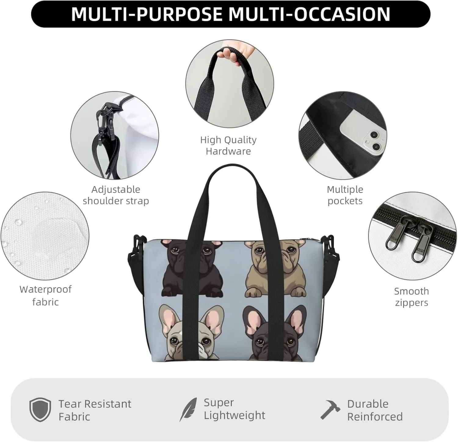 Travel Duffle Bag Weekender Bags for Men Women Adjustable Large Capacity Weekender Overnight Bag Carry On Tote Bags Waterproof Sport Gym Bag for Travel Yoga, French Bulldog, One Size