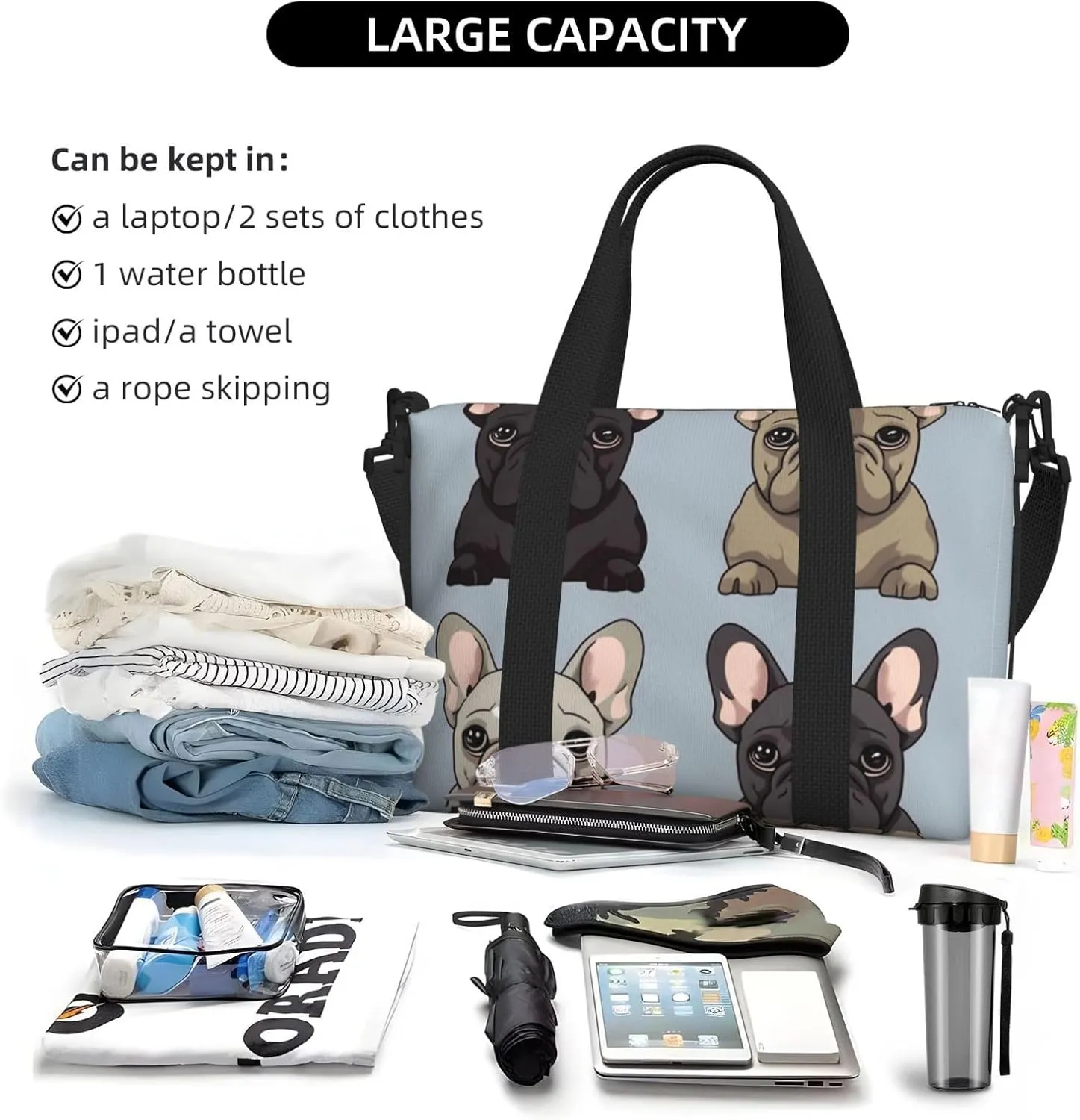 Travel Duffle Bag Weekender Bags for Men Women Adjustable Large Capacity Weekender Overnight Bag Carry On Tote Bags Waterproof Sport Gym Bag for Travel Yoga, French Bulldog, One Size