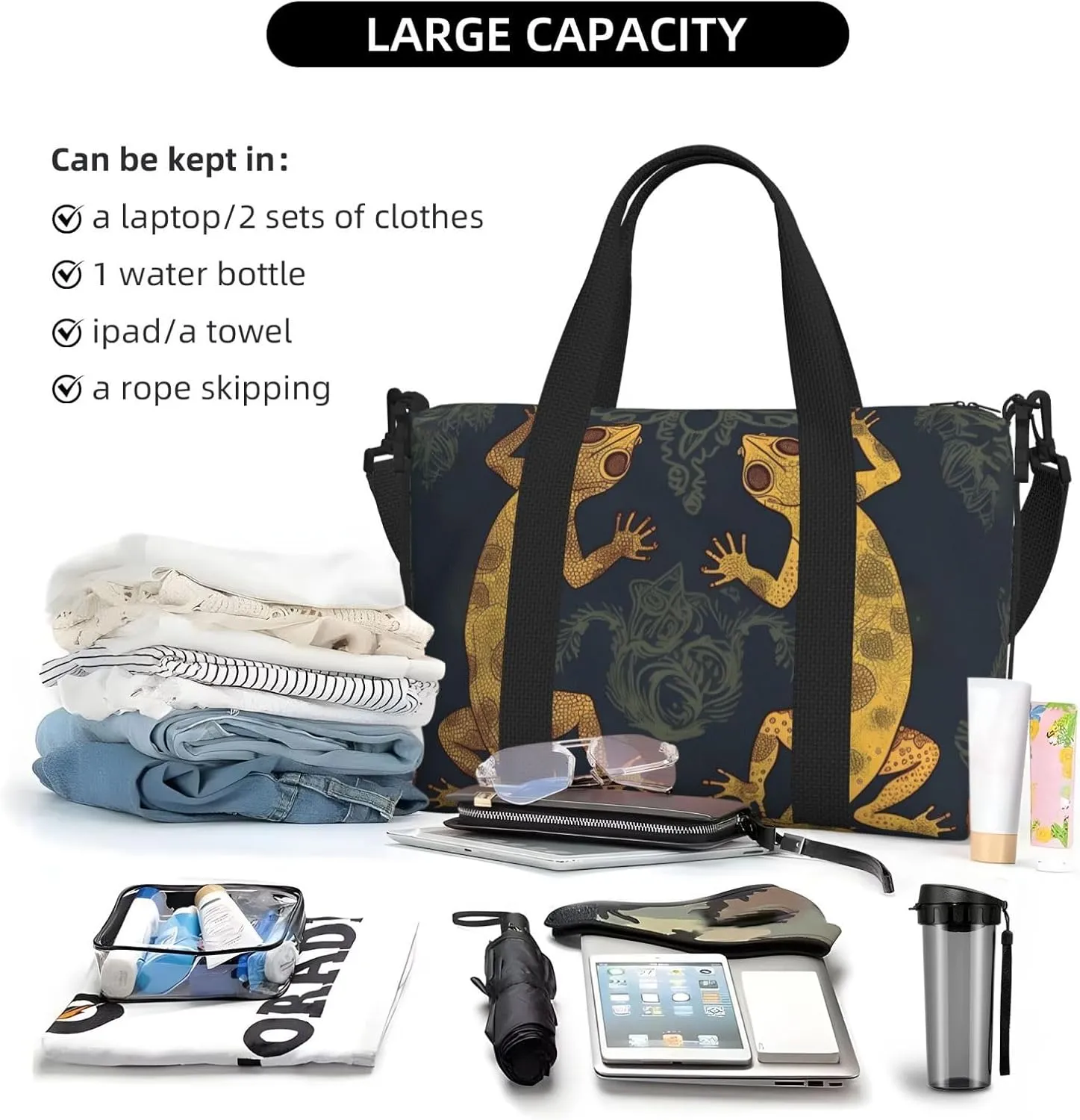 Travel Duffle Bag Weekender Bags for Men Women Adjustable Large Capacity Weekender Overnight Bag Carry On Tote Bags Waterproof Sport Gym Bag for Travel Yoga, Gecko Lizards, One Size