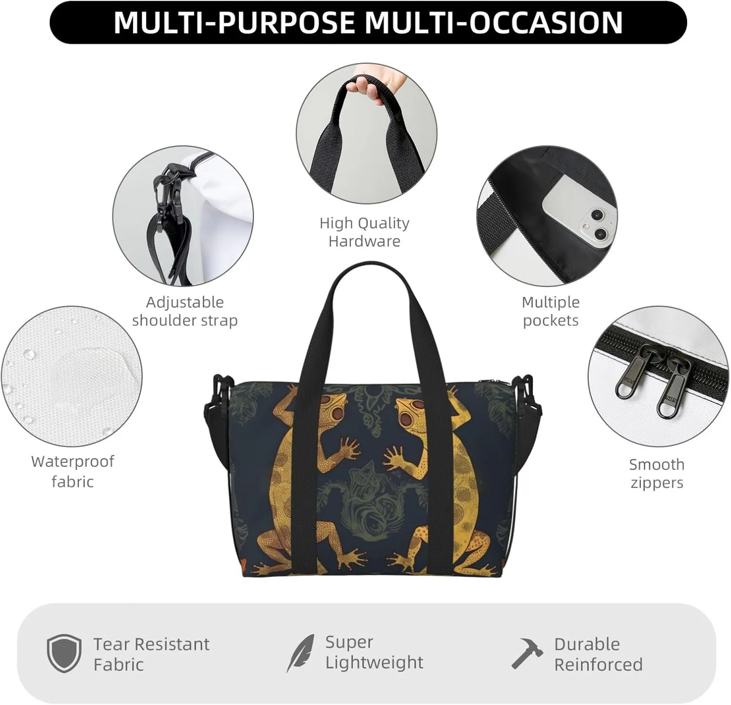 Travel Duffle Bag Weekender Bags for Men Women Adjustable Large Capacity Weekender Overnight Bag Carry On Tote Bags Waterproof Sport Gym Bag for Travel Yoga, Gecko Lizards, One Size