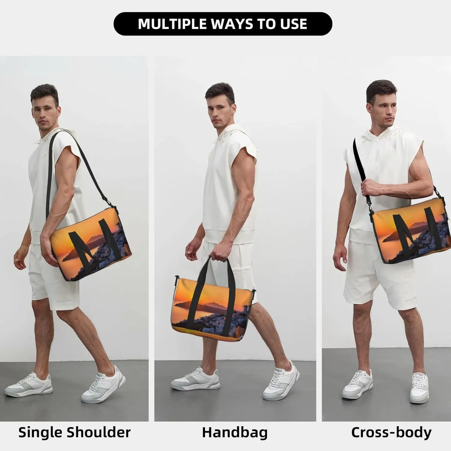 Travel Duffle Bag Weekender Bags for Men Women Adjustable Large Capacity Weekender Overnight Bag Carry On Tote Bags Waterproof Sport Gym Bag for Travel Yoga, Greece Island Sunset Landscape, One Size