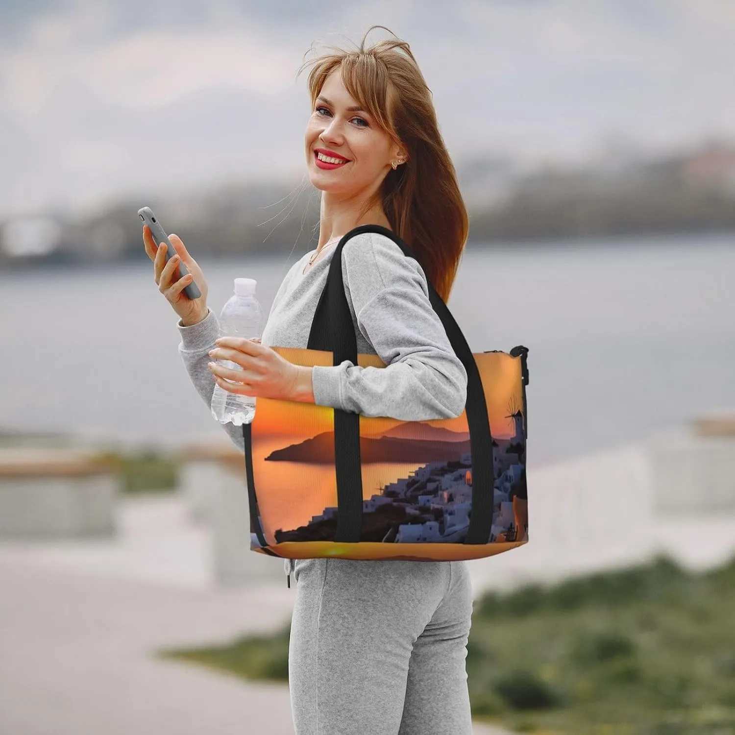 Travel Duffle Bag Weekender Bags for Men Women Adjustable Large Capacity Weekender Overnight Bag Carry On Tote Bags Waterproof Sport Gym Bag for Travel Yoga, Greece Island Sunset Landscape, One Size