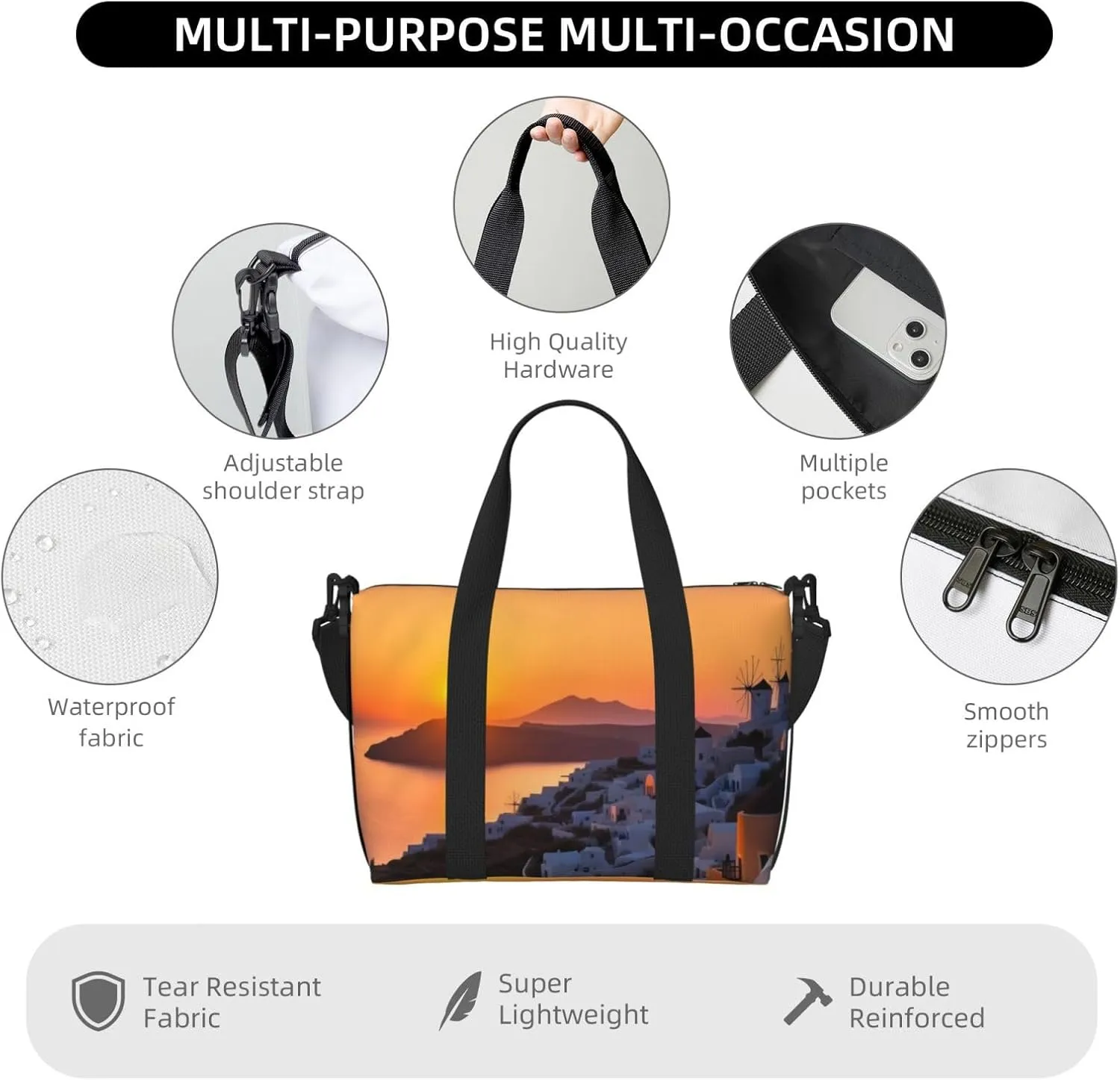 Travel Duffle Bag Weekender Bags for Men Women Adjustable Large Capacity Weekender Overnight Bag Carry On Tote Bags Waterproof Sport Gym Bag for Travel Yoga, Greece Island Sunset Landscape, One Size