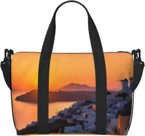 Travel Duffle Bag Weekender Bags for Men Women Adjustable Large Capacity Weekender Overnight Bag Carry On Tote Bags Waterproof Sport Gym Bag for Travel Yoga, Greece Island Sunset Landscape, One Size