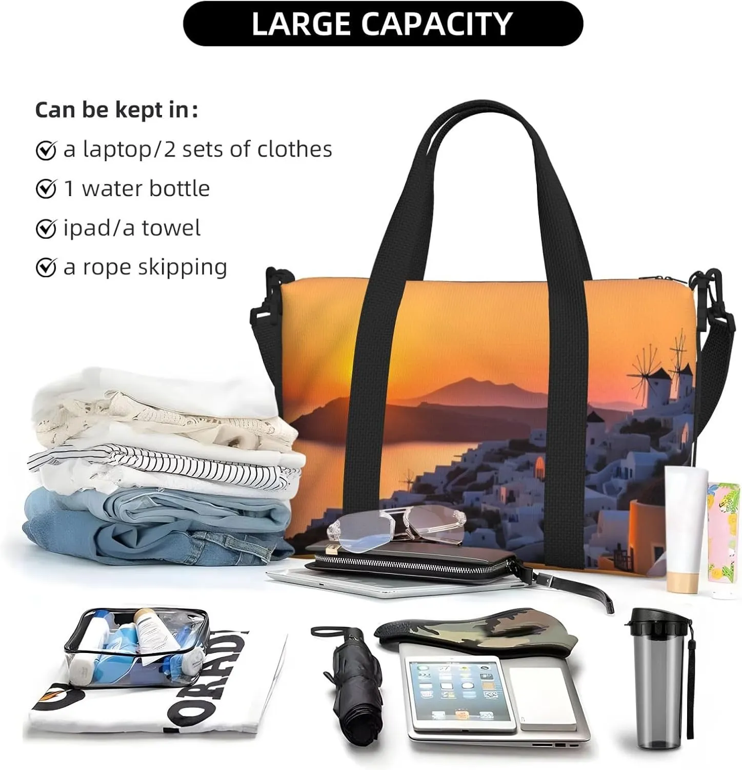 Travel Duffle Bag Weekender Bags for Men Women Adjustable Large Capacity Weekender Overnight Bag Carry On Tote Bags Waterproof Sport Gym Bag for Travel Yoga, Greece Island Sunset Landscape, One Size