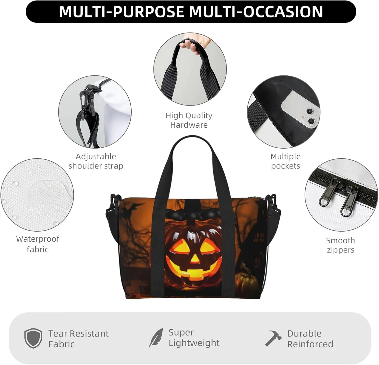 Travel Duffle Bag Weekender Bags for Men Women Adjustable Large Capacity Weekender Overnight Bag Carry On Tote Bags Waterproof Sport Gym Bag for Travel Yoga, Halloween Pumpkin Lamp, One Size