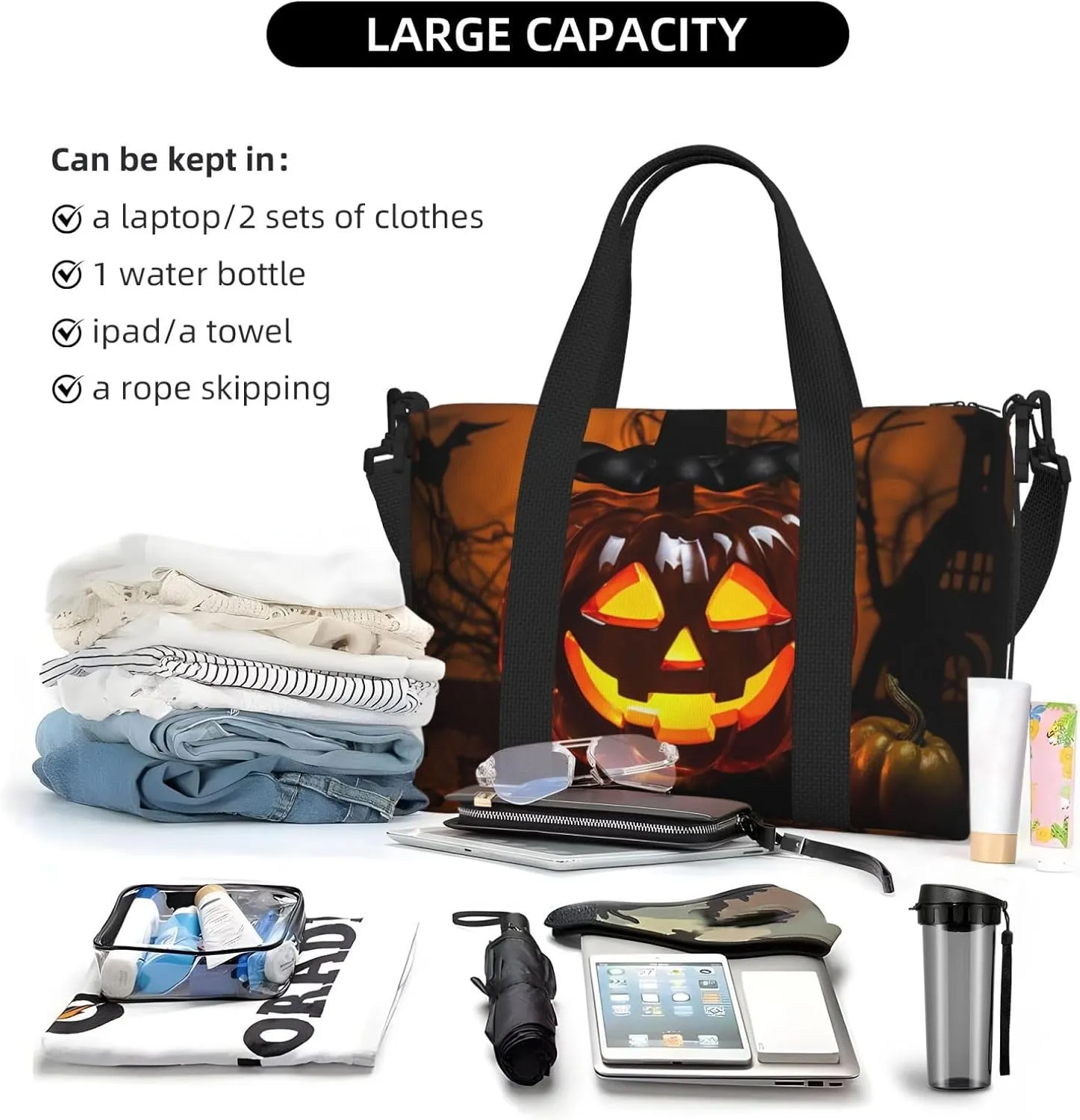 Travel Duffle Bag Weekender Bags for Men Women Adjustable Large Capacity Weekender Overnight Bag Carry On Tote Bags Waterproof Sport Gym Bag for Travel Yoga, Halloween Pumpkin Lamp, One Size