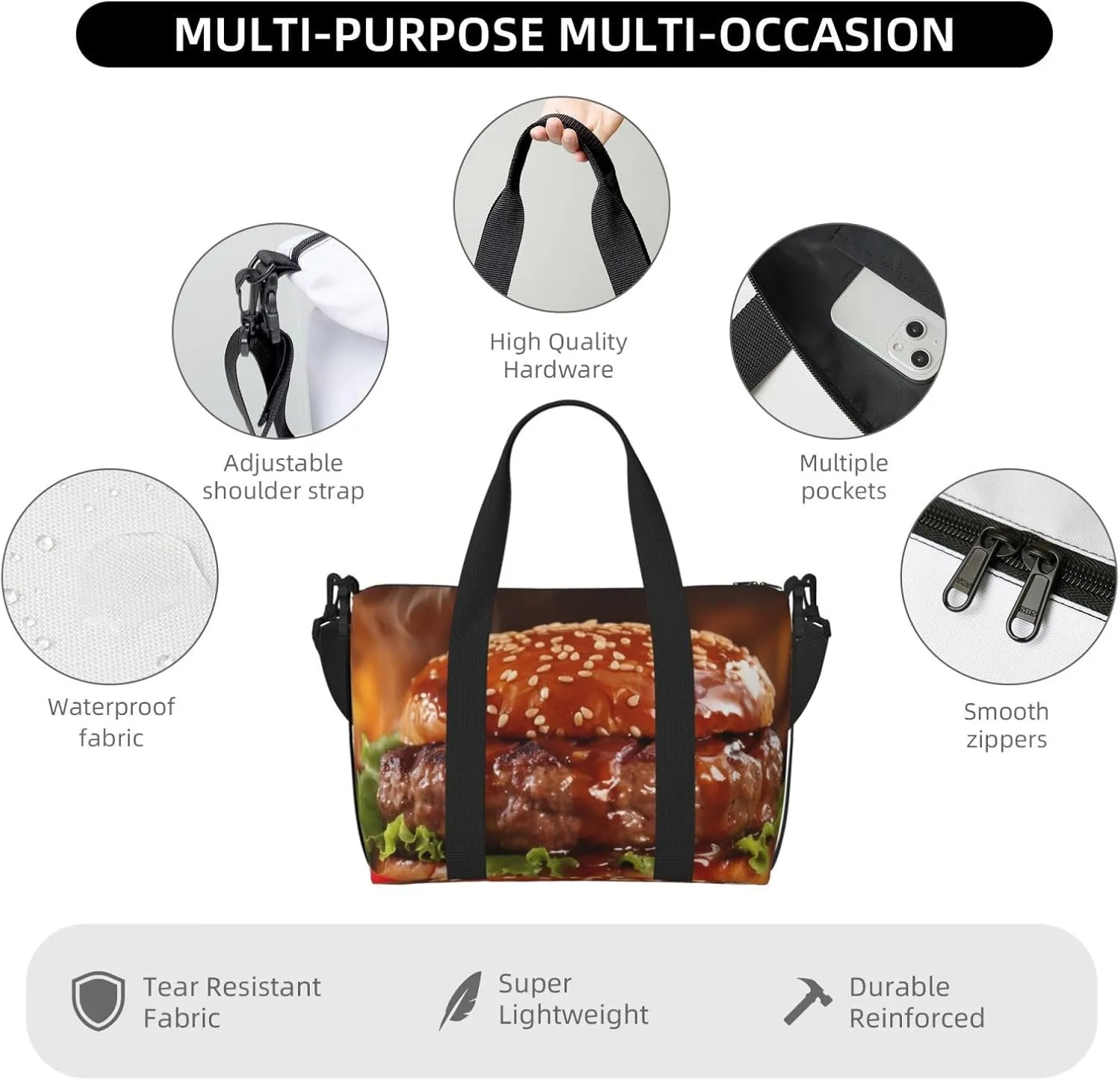Travel Duffle Bag Weekender Bags for Men Women Adjustable Large Capacity Weekender Overnight Bag Carry On Tote Bags Waterproof Sport Gym Bag for Travel Yoga, Hamburger Steak Fast Food, One Size