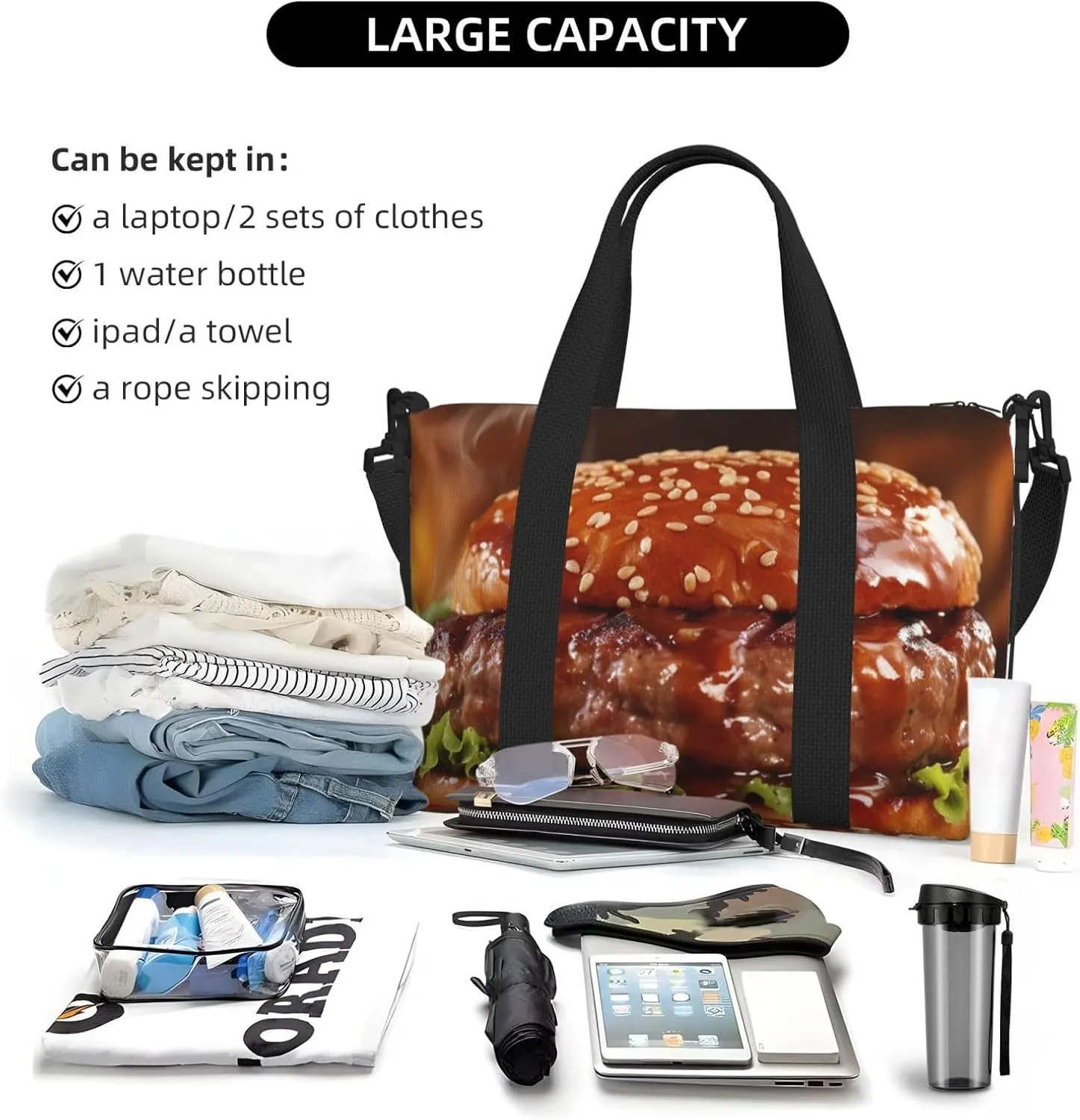 Travel Duffle Bag Weekender Bags for Men Women Adjustable Large Capacity Weekender Overnight Bag Carry On Tote Bags Waterproof Sport Gym Bag for Travel Yoga, Hamburger Steak Fast Food, One Size
