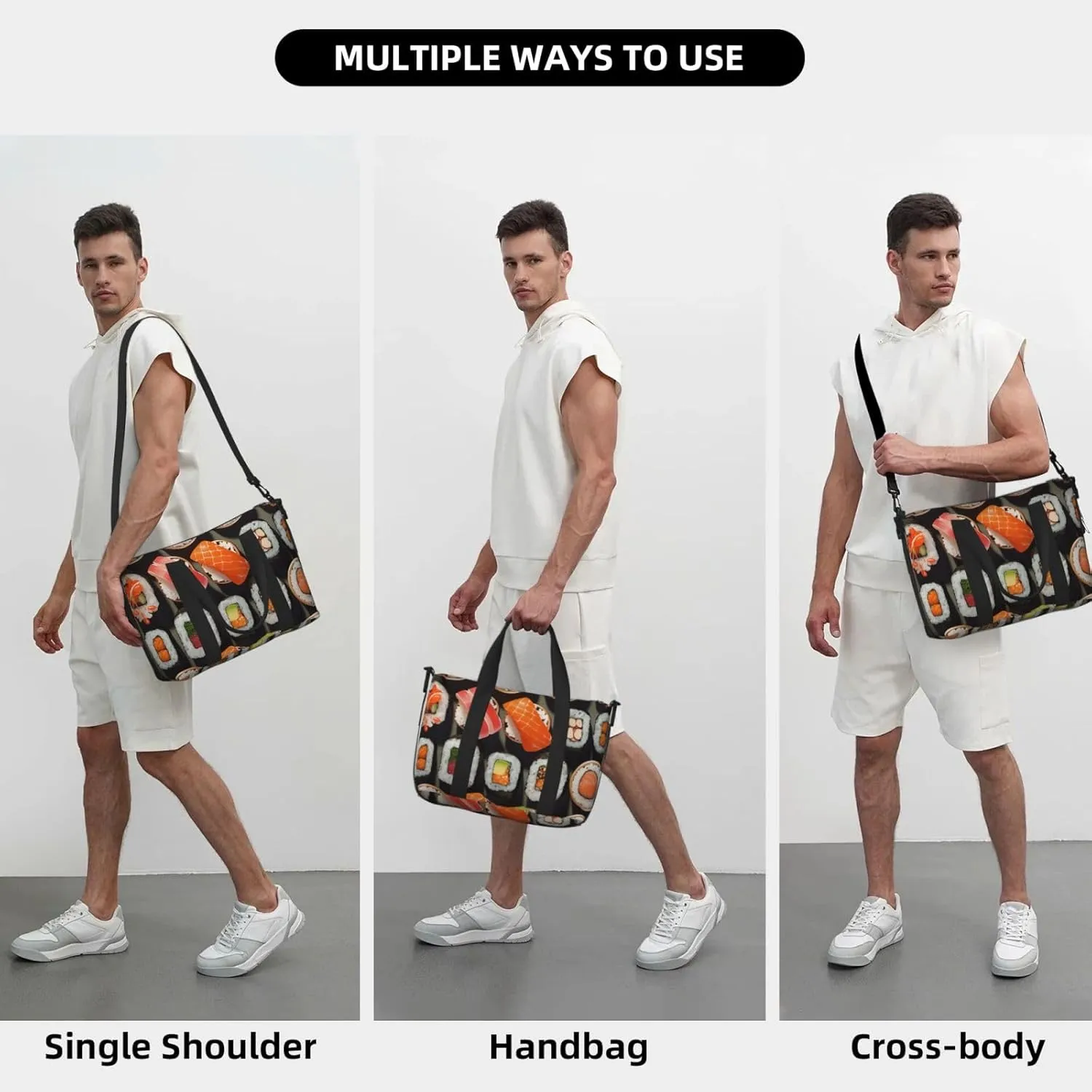 Travel Duffle Bag Weekender Bags for Men Women Adjustable Large Capacity Weekender Overnight Bag Carry On Tote Bags Waterproof Sport Gym Bag for Travel Yoga, Many Sushi Food, One Size