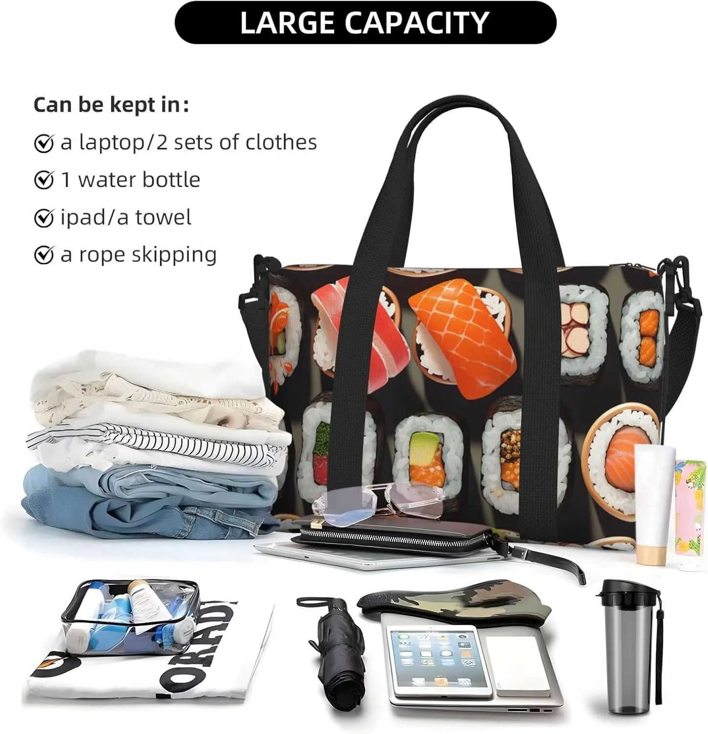 Travel Duffle Bag Weekender Bags for Men Women Adjustable Large Capacity Weekender Overnight Bag Carry On Tote Bags Waterproof Sport Gym Bag for Travel Yoga, Many Sushi Food, One Size