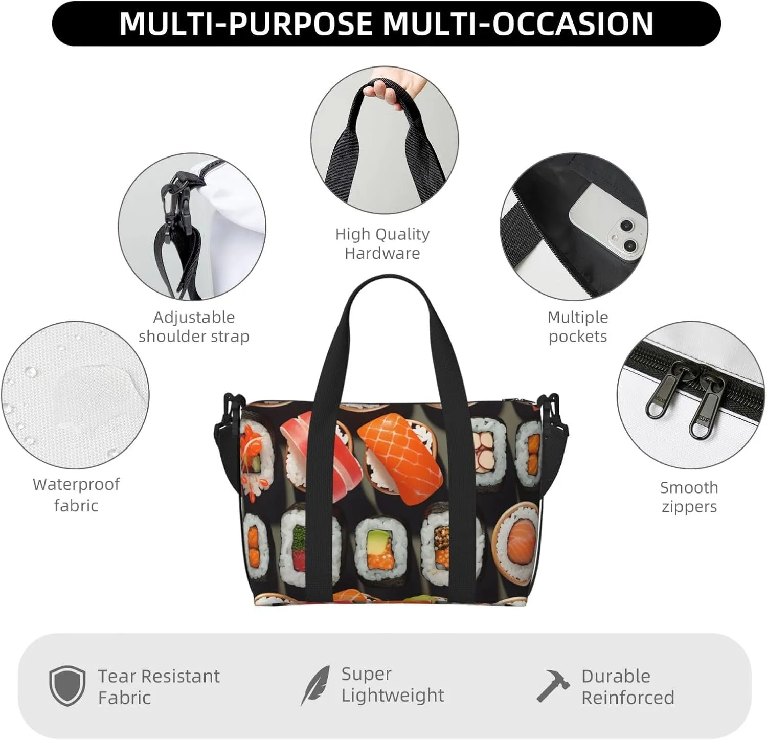 Travel Duffle Bag Weekender Bags for Men Women Adjustable Large Capacity Weekender Overnight Bag Carry On Tote Bags Waterproof Sport Gym Bag for Travel Yoga, Many Sushi Food, One Size