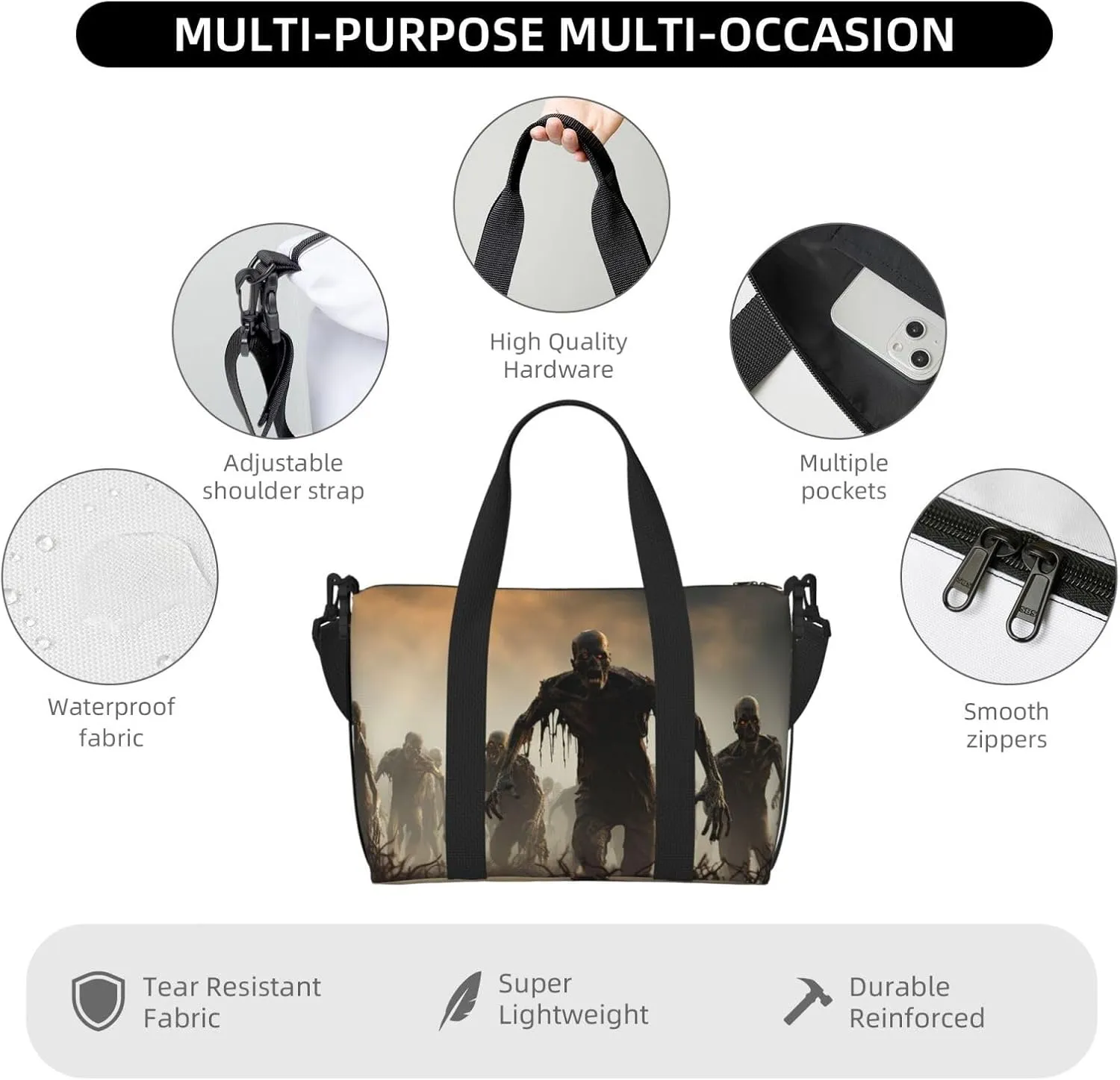 Travel Duffle Bag Weekender Bags for Men Women Adjustable Large Capacity Weekender Overnight Bag Carry On Tote Bags Waterproof Sport Gym Bag for Travel Yoga, Many Zombie, One Size