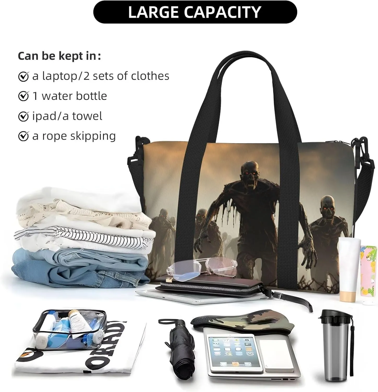 Travel Duffle Bag Weekender Bags for Men Women Adjustable Large Capacity Weekender Overnight Bag Carry On Tote Bags Waterproof Sport Gym Bag for Travel Yoga, Many Zombie, One Size