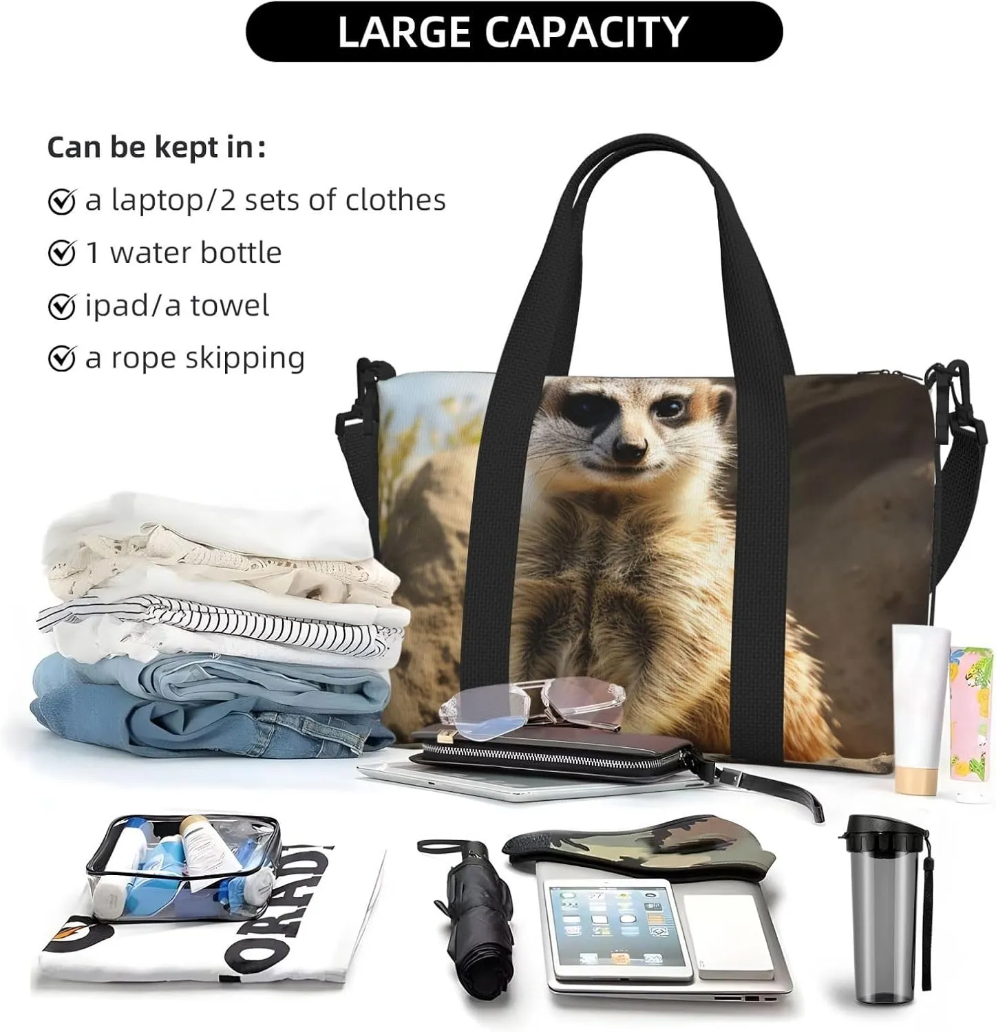 Travel Duffle Bag Weekender Bags for Men Women Adjustable Large Capacity Weekender Overnight Bag Carry On Tote Bags Waterproof Sport Gym Bag for Travel Yoga, Meerkat Animal, One Size