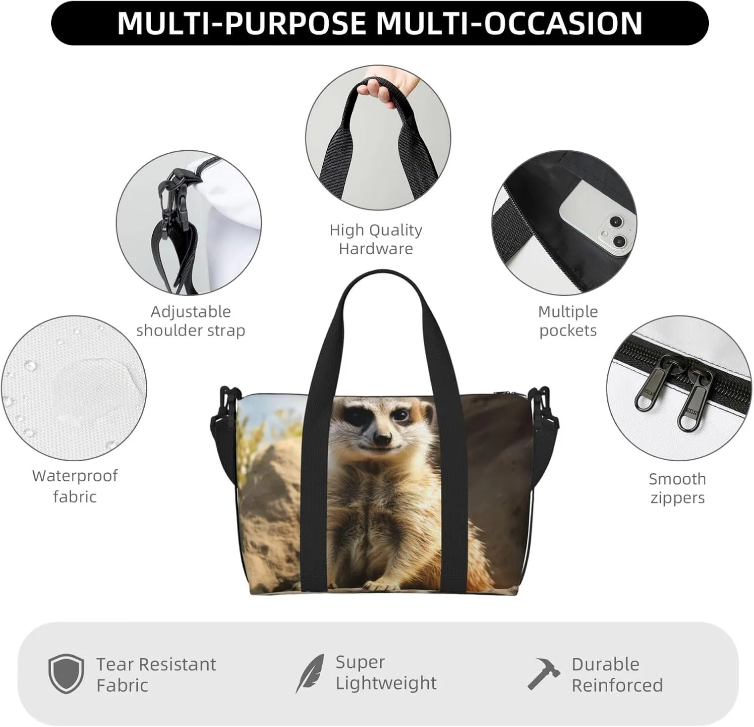Travel Duffle Bag Weekender Bags for Men Women Adjustable Large Capacity Weekender Overnight Bag Carry On Tote Bags Waterproof Sport Gym Bag for Travel Yoga, Meerkat Animal, One Size