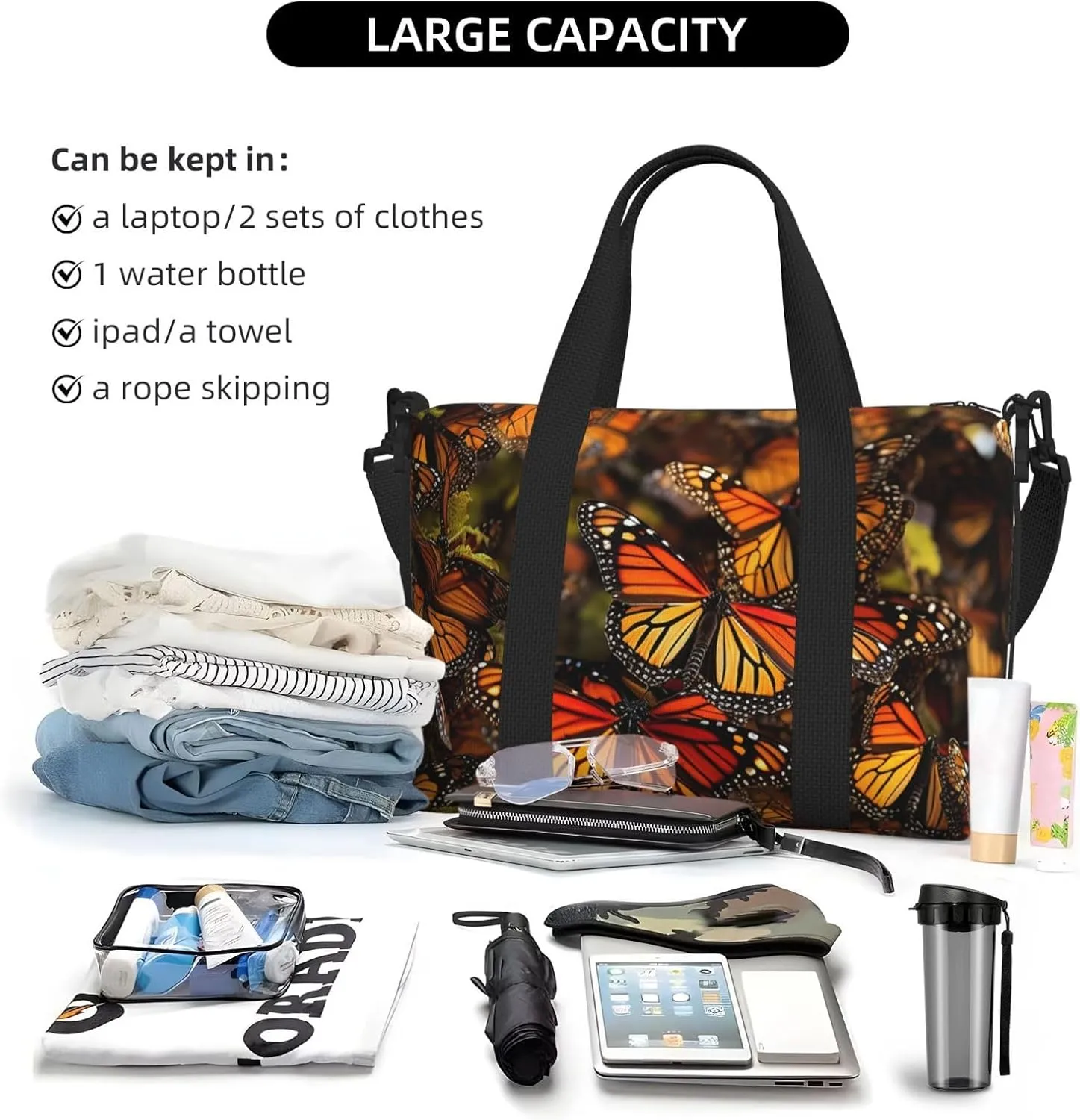 Travel Duffle Bag Weekender Bags for Men Women Adjustable Large Capacity Weekender Overnight Bag Carry On Tote Bags Waterproof Sport Gym Bag for Travel Yoga, Monarch Butterflies, One Size
