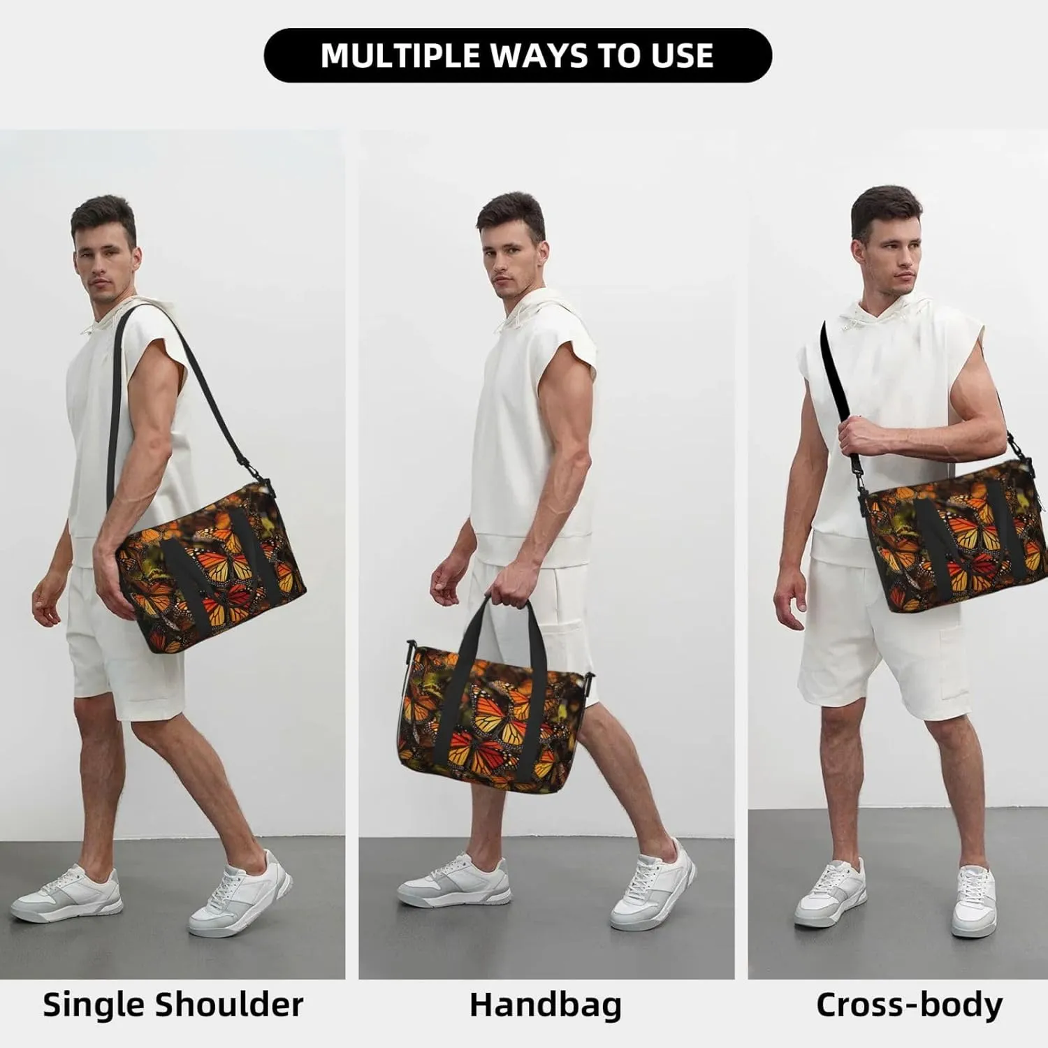 Travel Duffle Bag Weekender Bags for Men Women Adjustable Large Capacity Weekender Overnight Bag Carry On Tote Bags Waterproof Sport Gym Bag for Travel Yoga, Monarch Butterflies, One Size