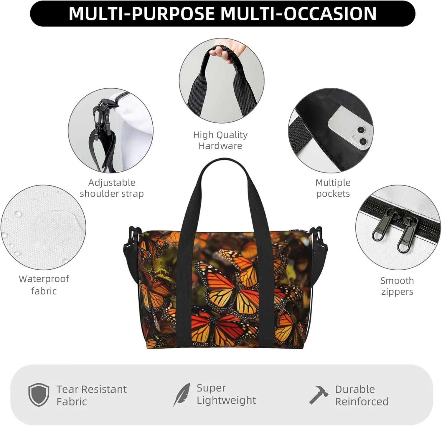 Travel Duffle Bag Weekender Bags for Men Women Adjustable Large Capacity Weekender Overnight Bag Carry On Tote Bags Waterproof Sport Gym Bag for Travel Yoga, Monarch Butterflies, One Size