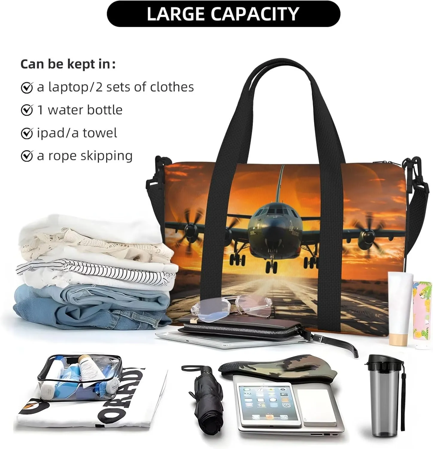 Travel Duffle Bag Weekender Bags for Men Women Adjustable Large Capacity Weekender Overnight Bag Carry On Tote Bags Waterproof Sport Gym Bag for Travel Yoga, Plane Landing on Runways, One Size