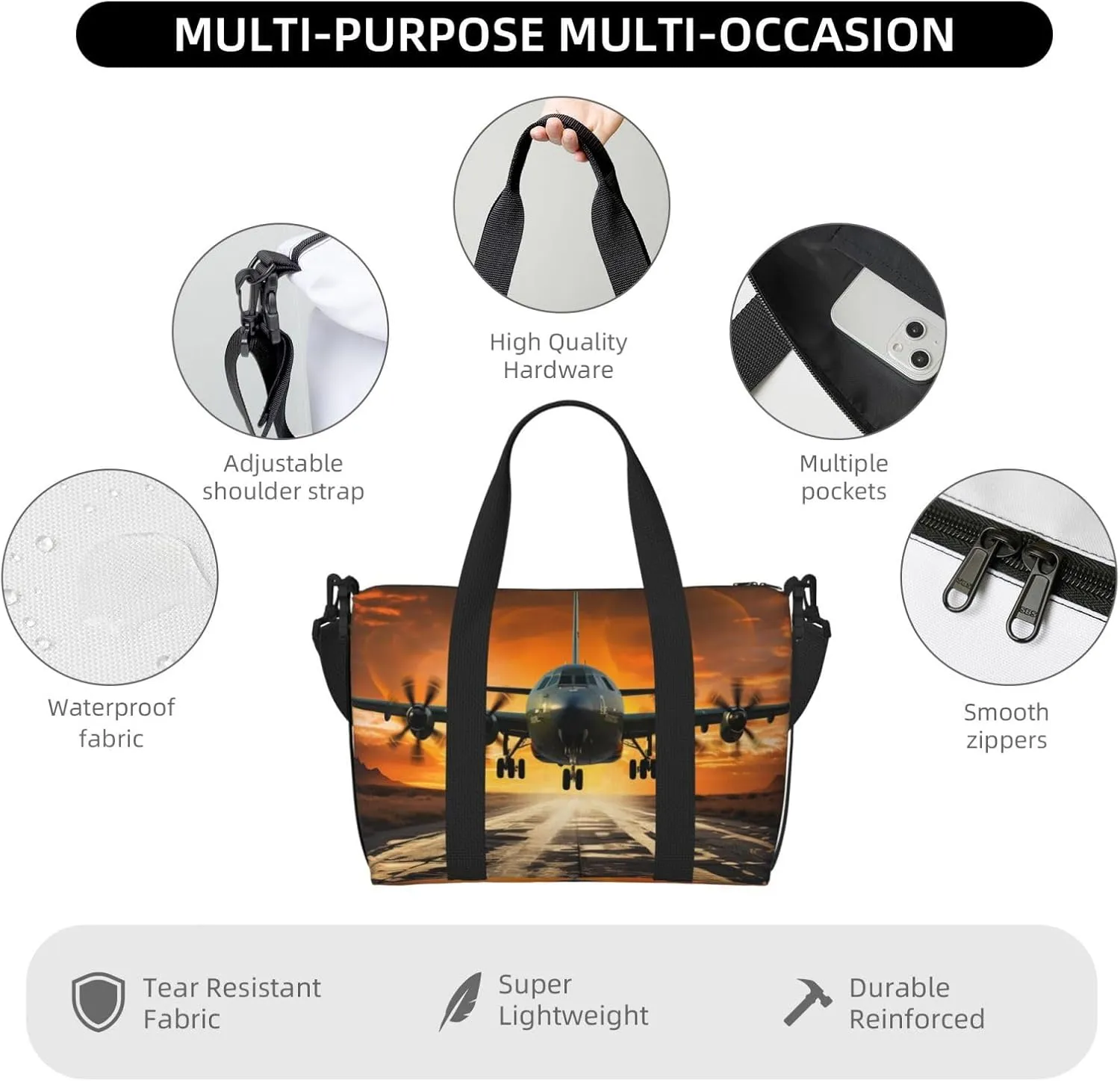 Travel Duffle Bag Weekender Bags for Men Women Adjustable Large Capacity Weekender Overnight Bag Carry On Tote Bags Waterproof Sport Gym Bag for Travel Yoga, Plane Landing on Runways, One Size