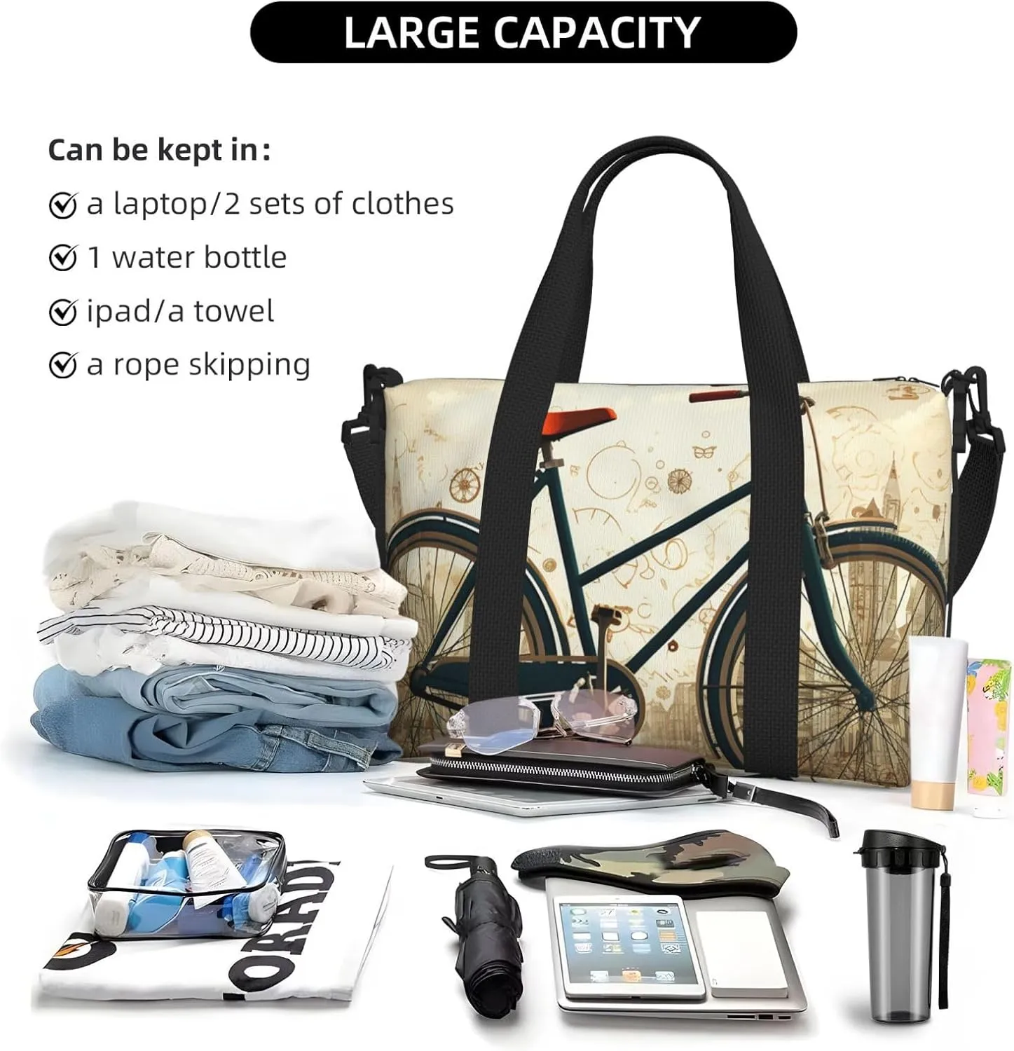 Travel Duffle Bag Weekender Bags for Men Women Adjustable Large Capacity Weekender Overnight Bag Carry On Tote Bags Waterproof Sport Gym Bag for Travel Yoga, Retro Bicycle, One Size