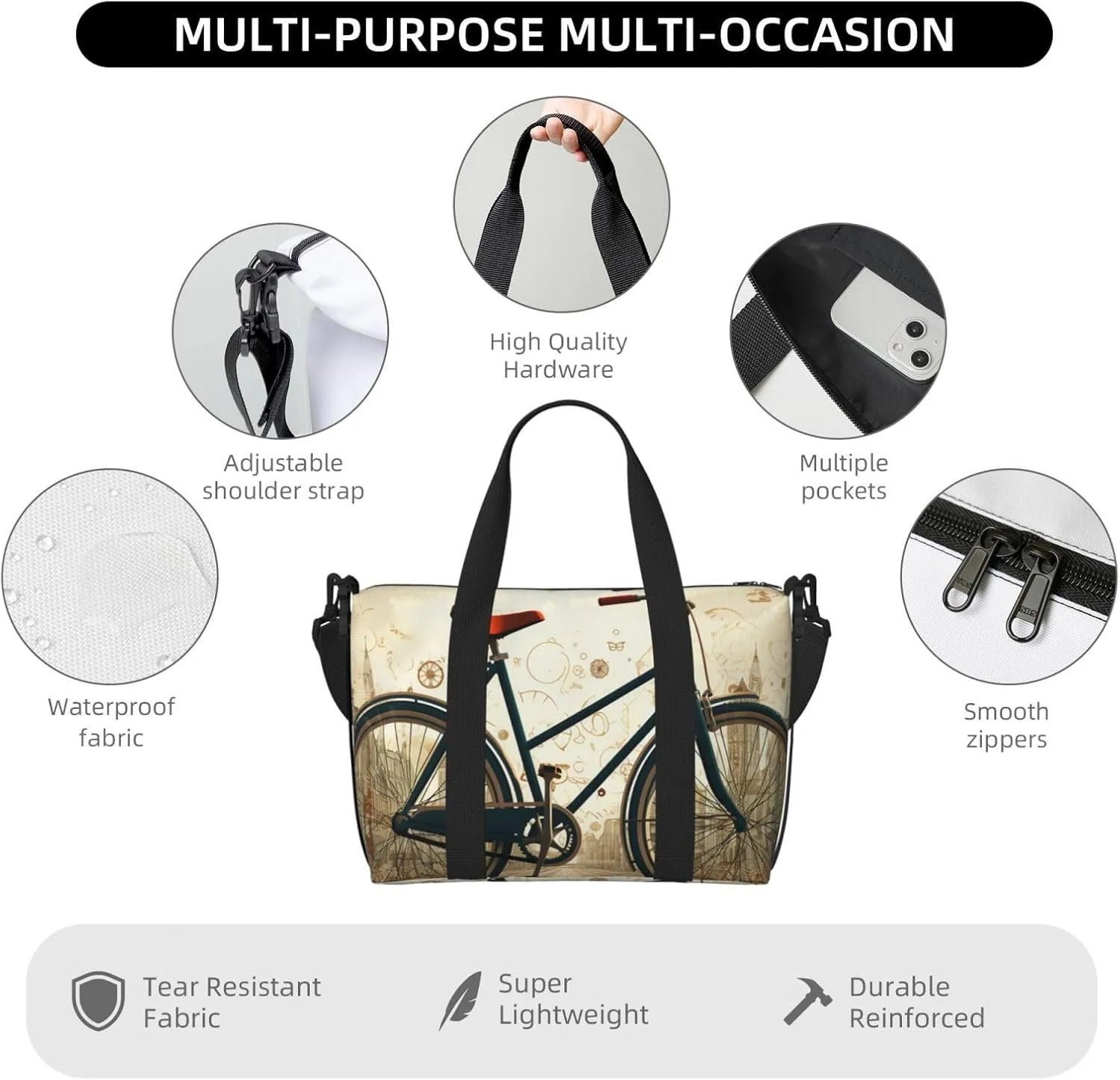 Travel Duffle Bag Weekender Bags for Men Women Adjustable Large Capacity Weekender Overnight Bag Carry On Tote Bags Waterproof Sport Gym Bag for Travel Yoga, Retro Bicycle, One Size