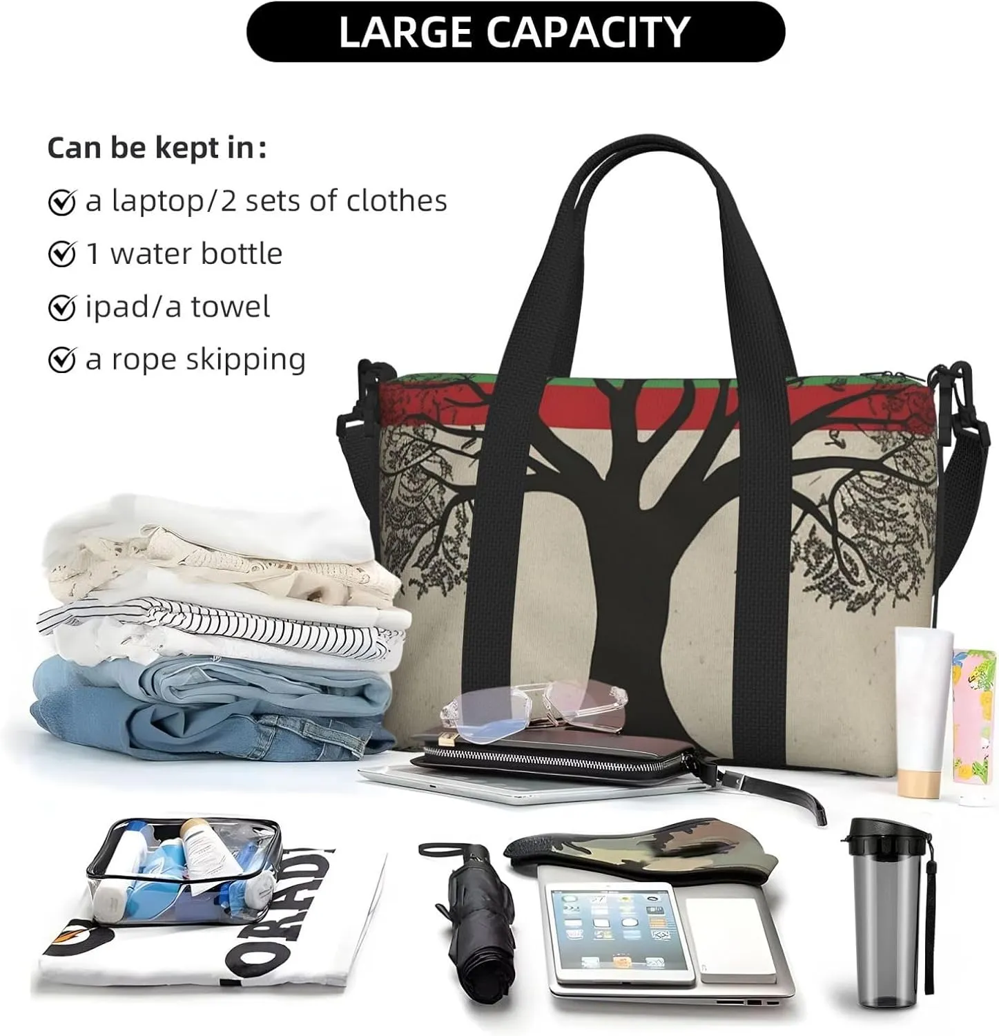 Travel Duffle Bag Weekender Bags for Men Women Adjustable Large Capacity Weekender Overnight Bag Carry On Tote Bags Waterproof Sport Gym Bag for Travel Yoga, Tree Palestinian Flag, One Size