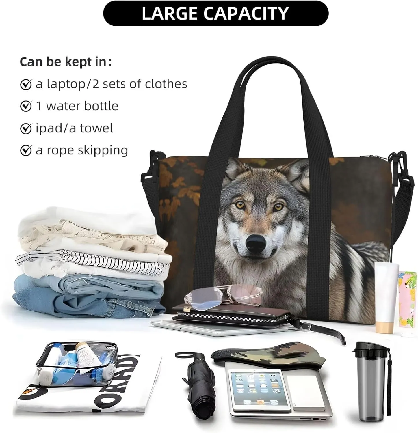 Travel Duffle Bag Weekender Bags for Men Women Adjustable Large Capacity Weekender Overnight Bag Carry On Tote Bags Waterproof Sport Gym Bag for Travel Yoga, Wild Wild Gray Wolf, One Size