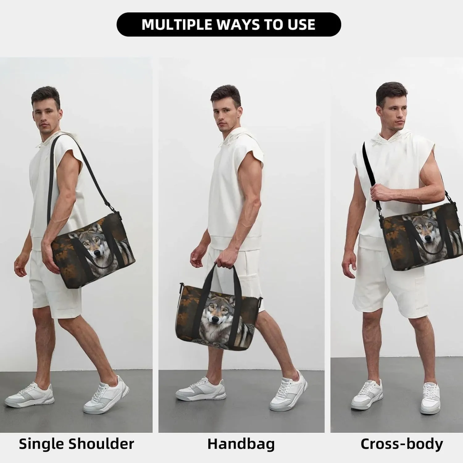 Travel Duffle Bag Weekender Bags for Men Women Adjustable Large Capacity Weekender Overnight Bag Carry On Tote Bags Waterproof Sport Gym Bag for Travel Yoga, Wild Wild Gray Wolf, One Size