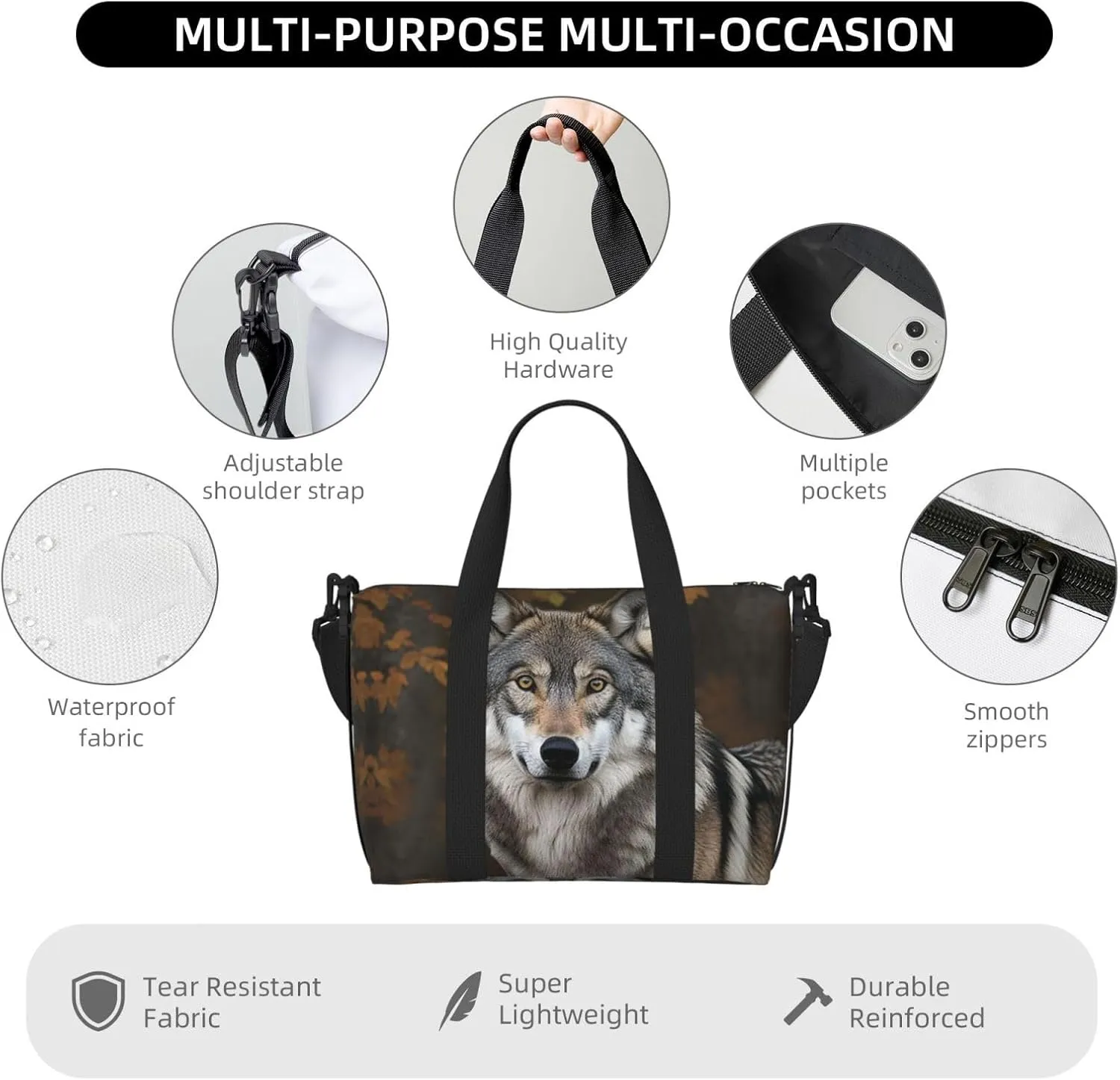 Travel Duffle Bag Weekender Bags for Men Women Adjustable Large Capacity Weekender Overnight Bag Carry On Tote Bags Waterproof Sport Gym Bag for Travel Yoga, Wild Wild Gray Wolf, One Size